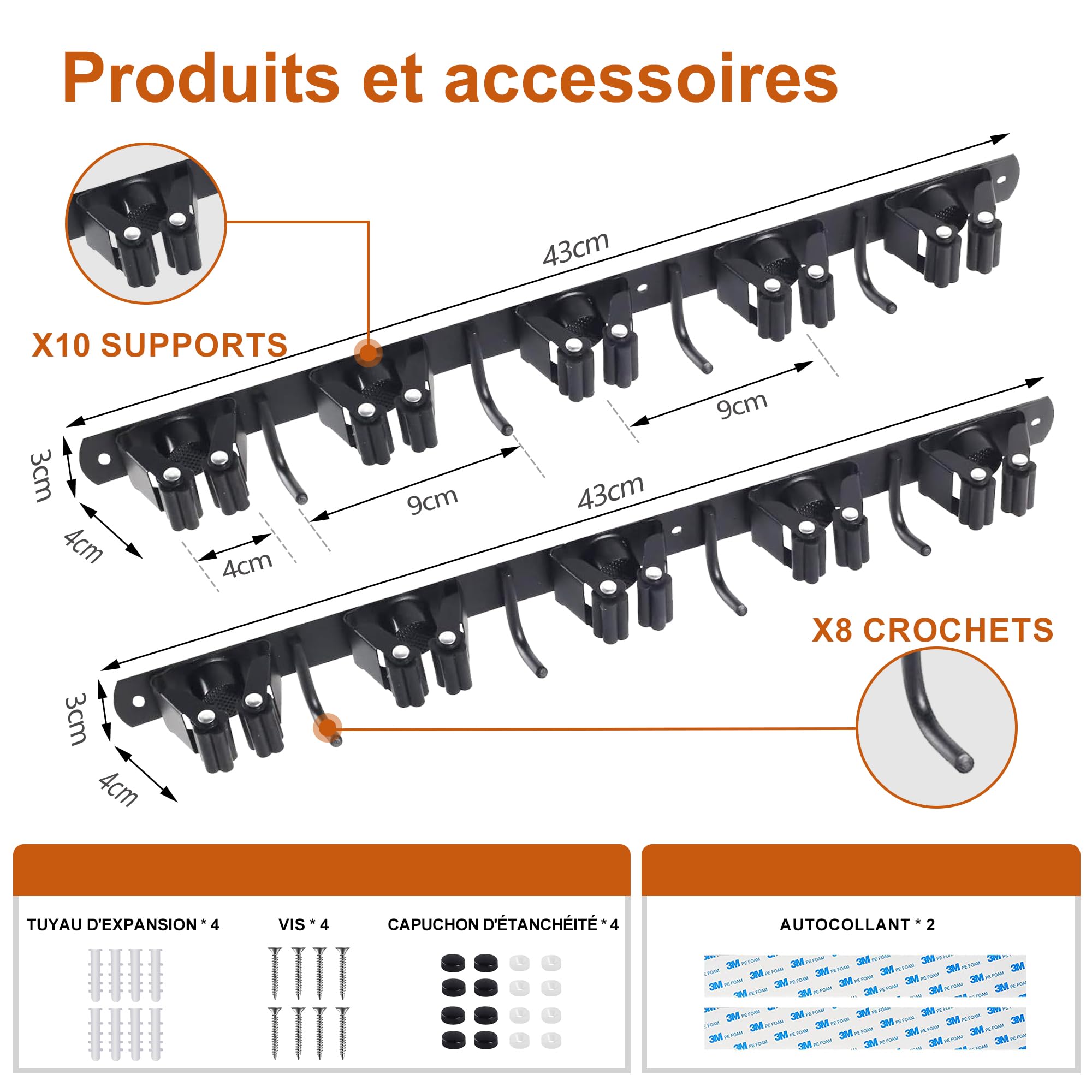 Accroche Balai Mural, Porte Balais Mural en Acier Inoxydable - 10 Supports + 8 Crochets, Support Balais Mural Sans Percer Noir, Utilisable en Cuisine, Salle de Bain, Jardin, Garage (2 Pièces)