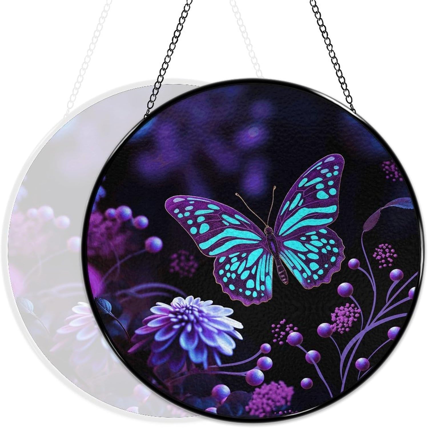 Stained Glass Hanging Sign Suncatcher, Purple Butterfly Flowers