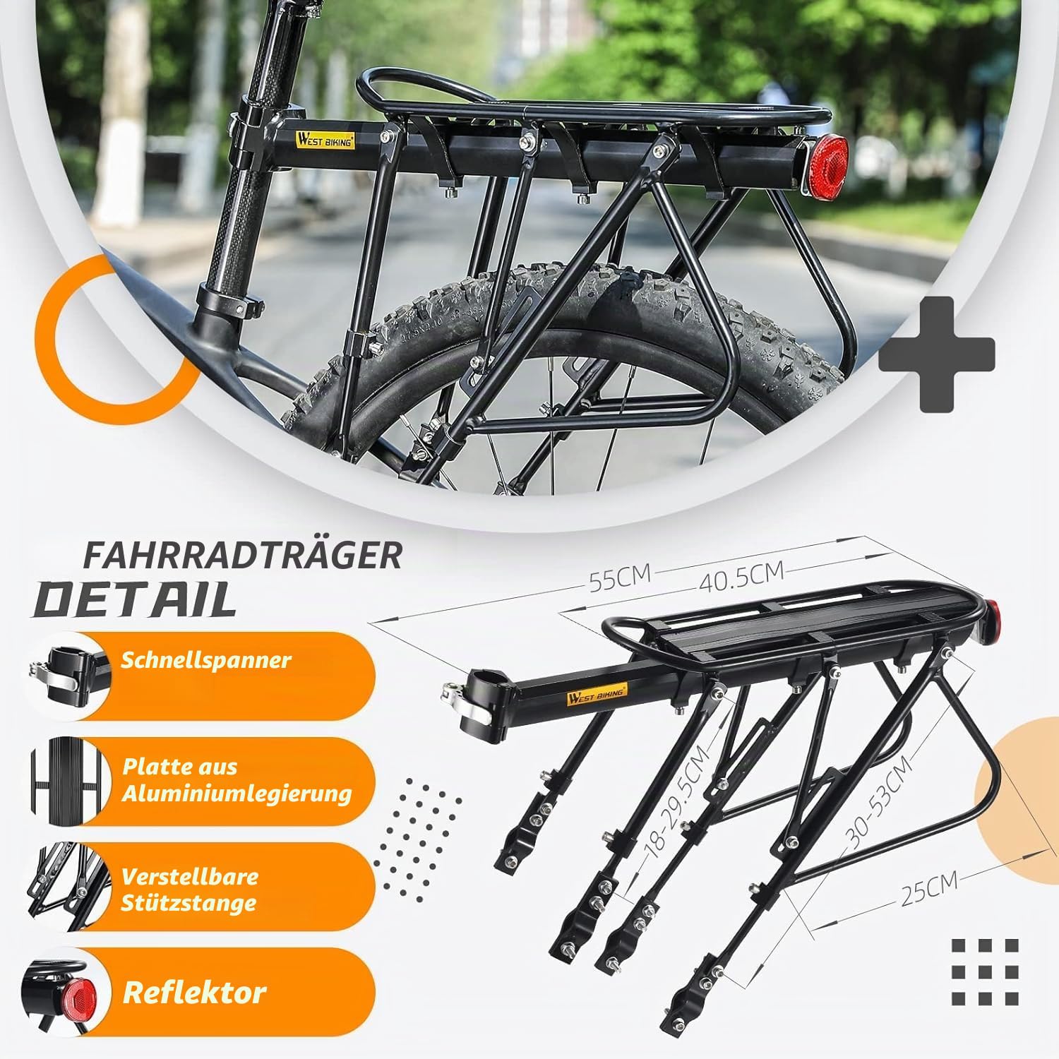 West Biking Fahrrad Gepäckträger Mountainbike - 100 KG Belastung Stabilem MTB Gepäckträger Einstellbare Fahrradgepäckträger, Schnellverschluss Gepäckträger Fahrrad mit Reflektor Fahrradzubehör