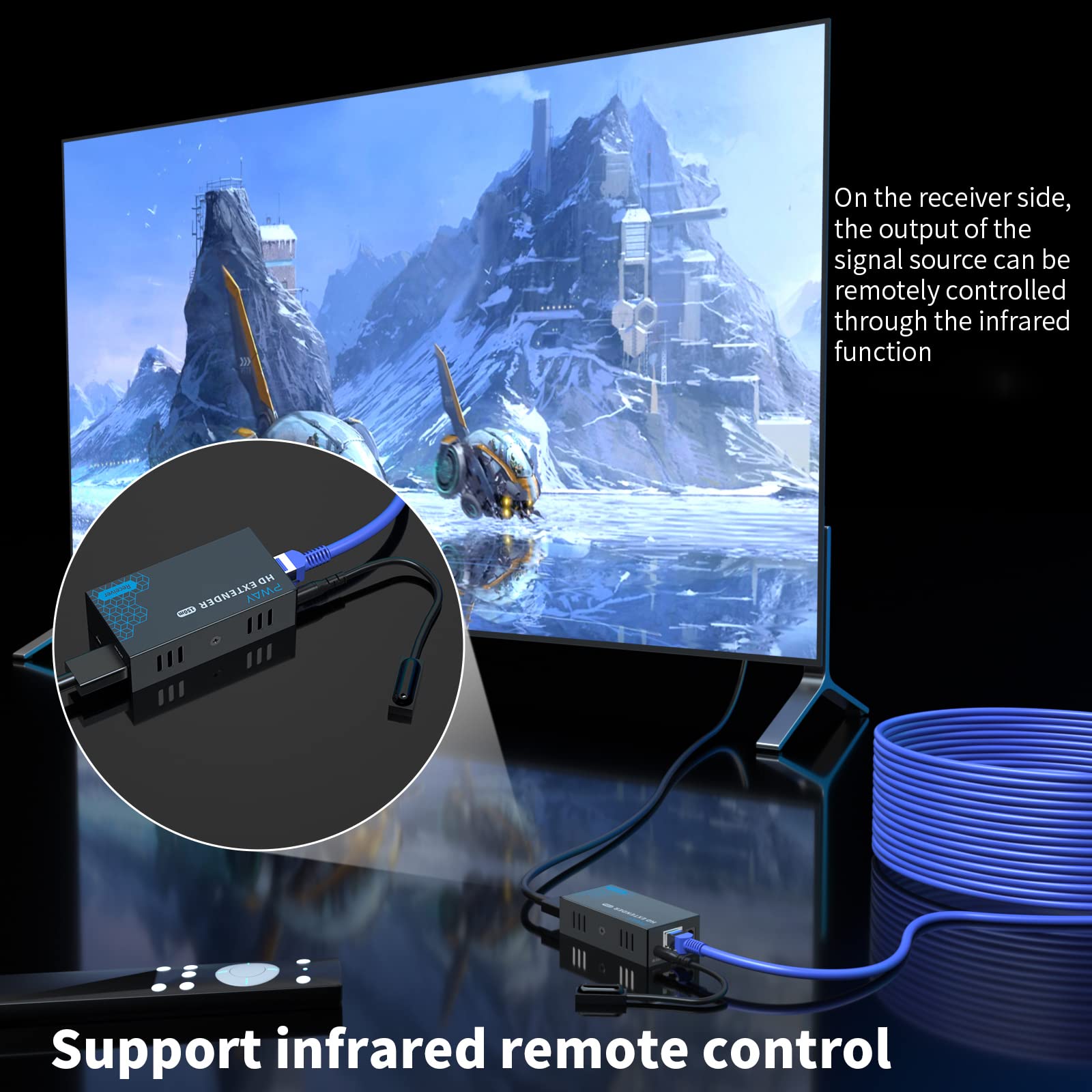 PWAYTEK Ricevitore Extender HDMI 150m su Cat5e-Cat8, Full HD 1080P@60Hz, loop-out integrato, sistema uno a molti via switch gigabit senza ritardi (Blu PWAYTEK Ricevitore Extender HDMI 150m su Cat5e-Cat8, Full HD 1080P@60Hz, loop-out integrato, sistema uno a molti via switch gigabit senza ritardi (Blu