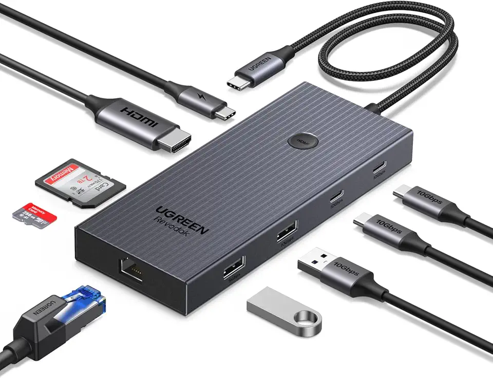 UGREEN Revodok Pro Hub USB C 9 em 1, Adaptador USB C Multiportas com HDMI 4K@60Hz, 2 USB-C 3.2, USB-A 3.2 e 3.0, SD/TF 170MB/s, RJ45, PD 100W, Compatível com MacBook Air/Pro, iPad Pro, Steam Deck