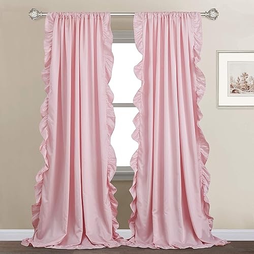 StangH Kids Curtains with Ruffle - French Romantic Style Ruffled Blush Curtains Soft Smooth Faux Silk Window Curtain Drapes for Daughters Bedroom/Nursery Decor, Blush Pink, W52 x L95, 2 Panels