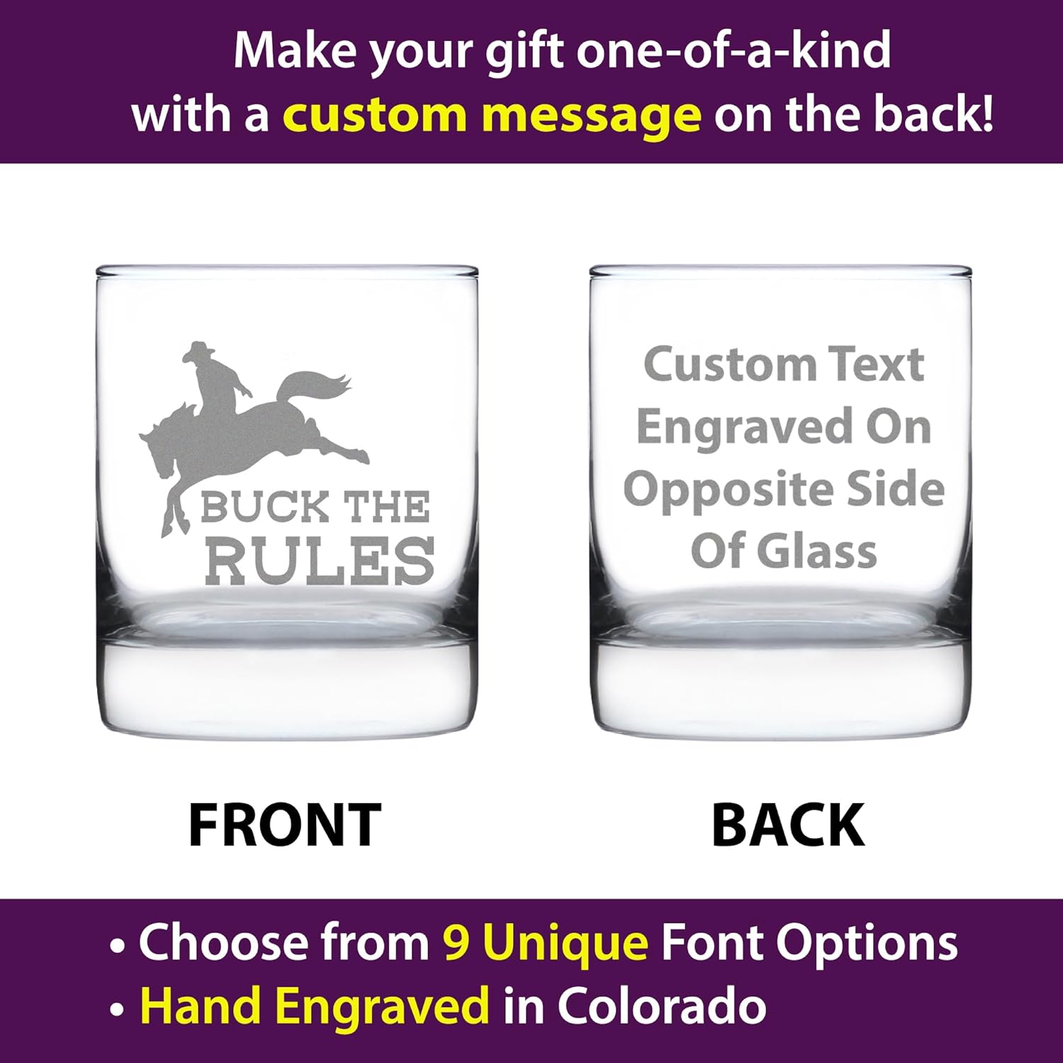 Custom Buck the Rules - Funny Horse Personalized Whiskey Rocks Glass Gifts for Men & Women - Fun Whisky Drinking Tumbler Decor