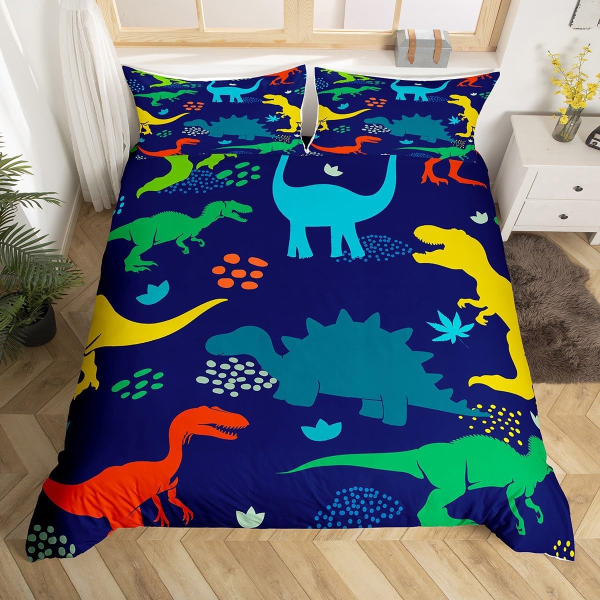 Castle Fairy Dinosaur Duvet Cover Set Toddler Size,Jungle Dino Animals Tropical Plants Bedding Set(No Comforter),Mermaid Scales Quilt Cover for Kids Bedroom Decor,2 Pcs