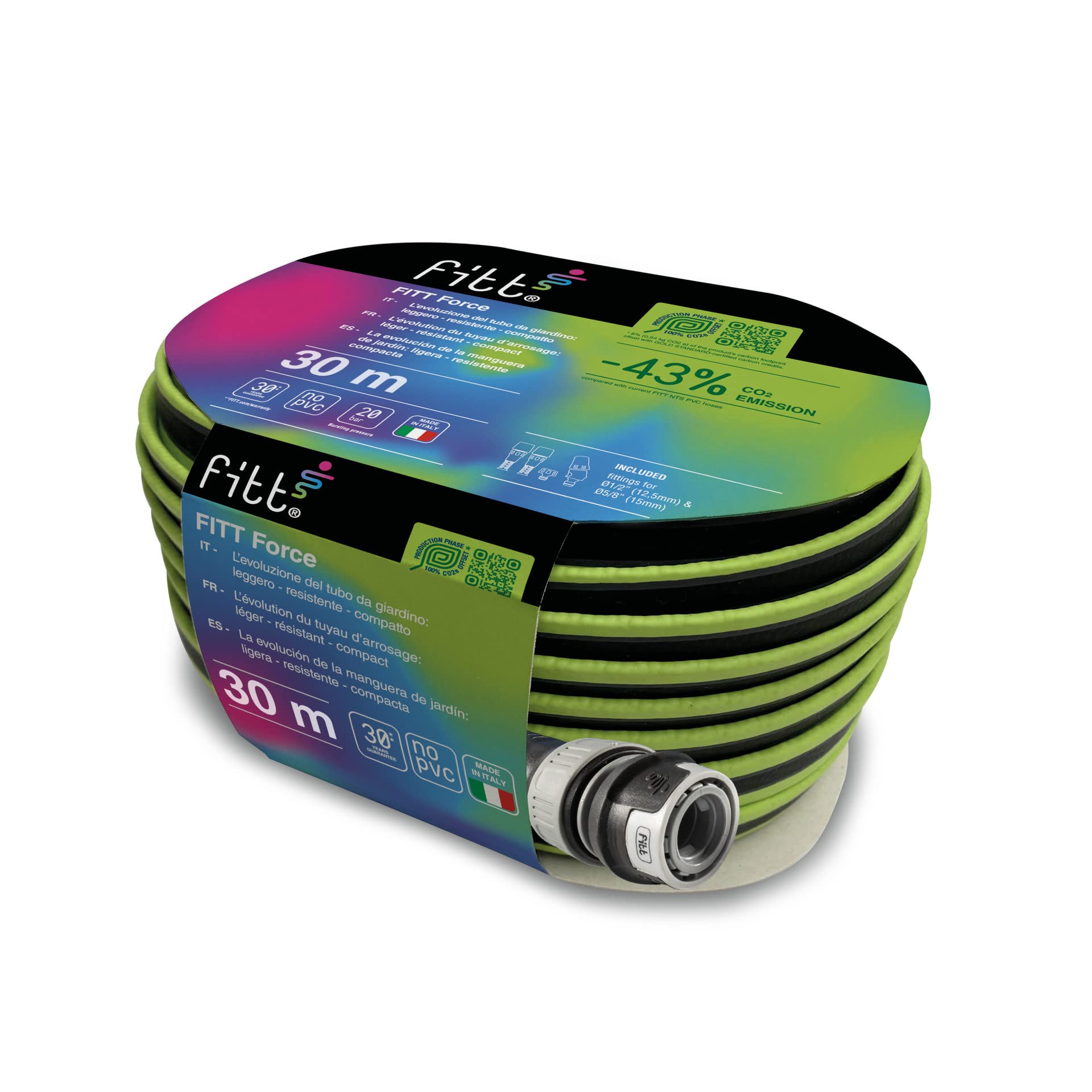 FITT FORCE 30 m, Tubo acqua per irrigazione giardino, Leggero, Resistente e compatto, Per Uso Intensivo, con Lancia, colore Lime, -43% CO2e