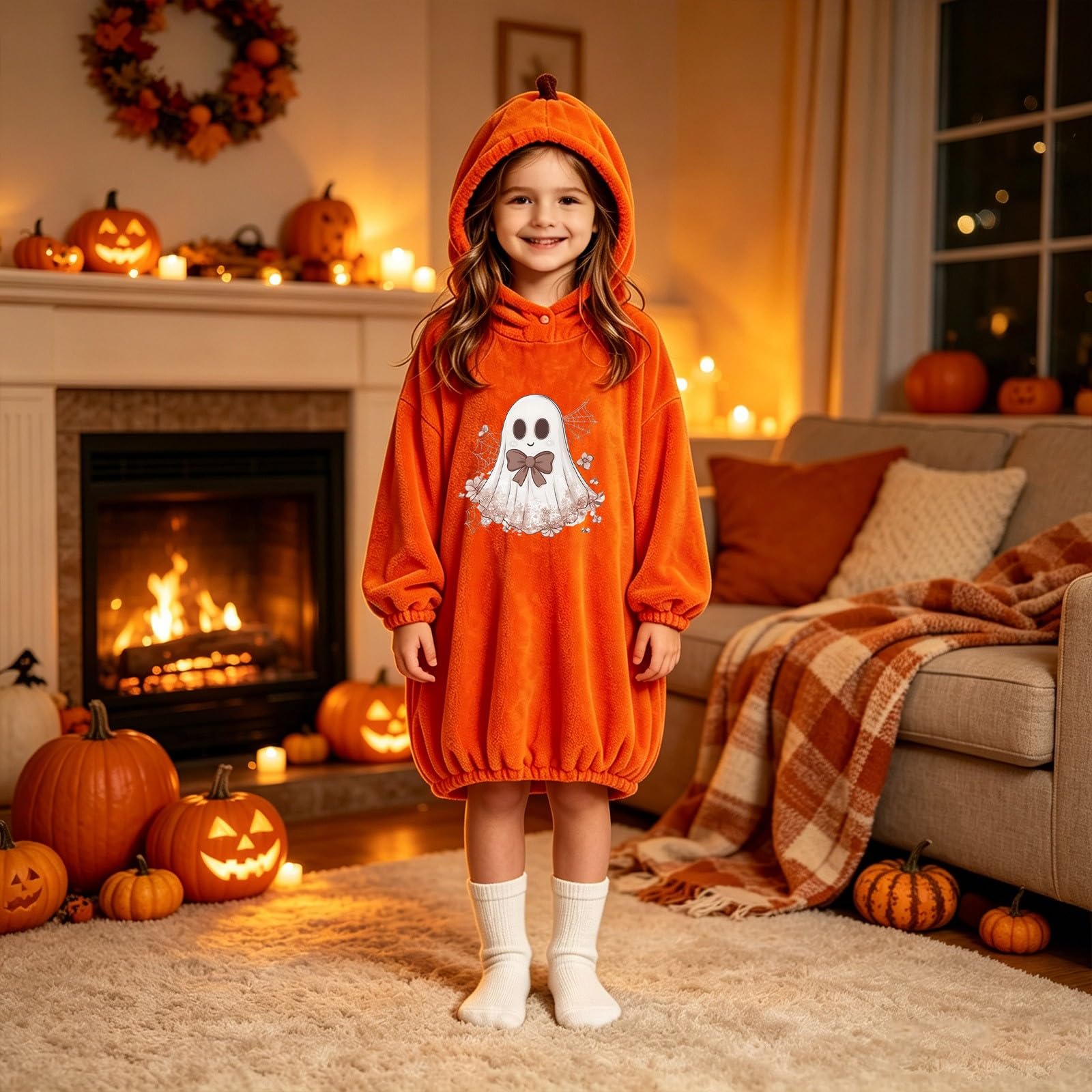 Sudadera larga con capucha para niñas con diseño de calabaza