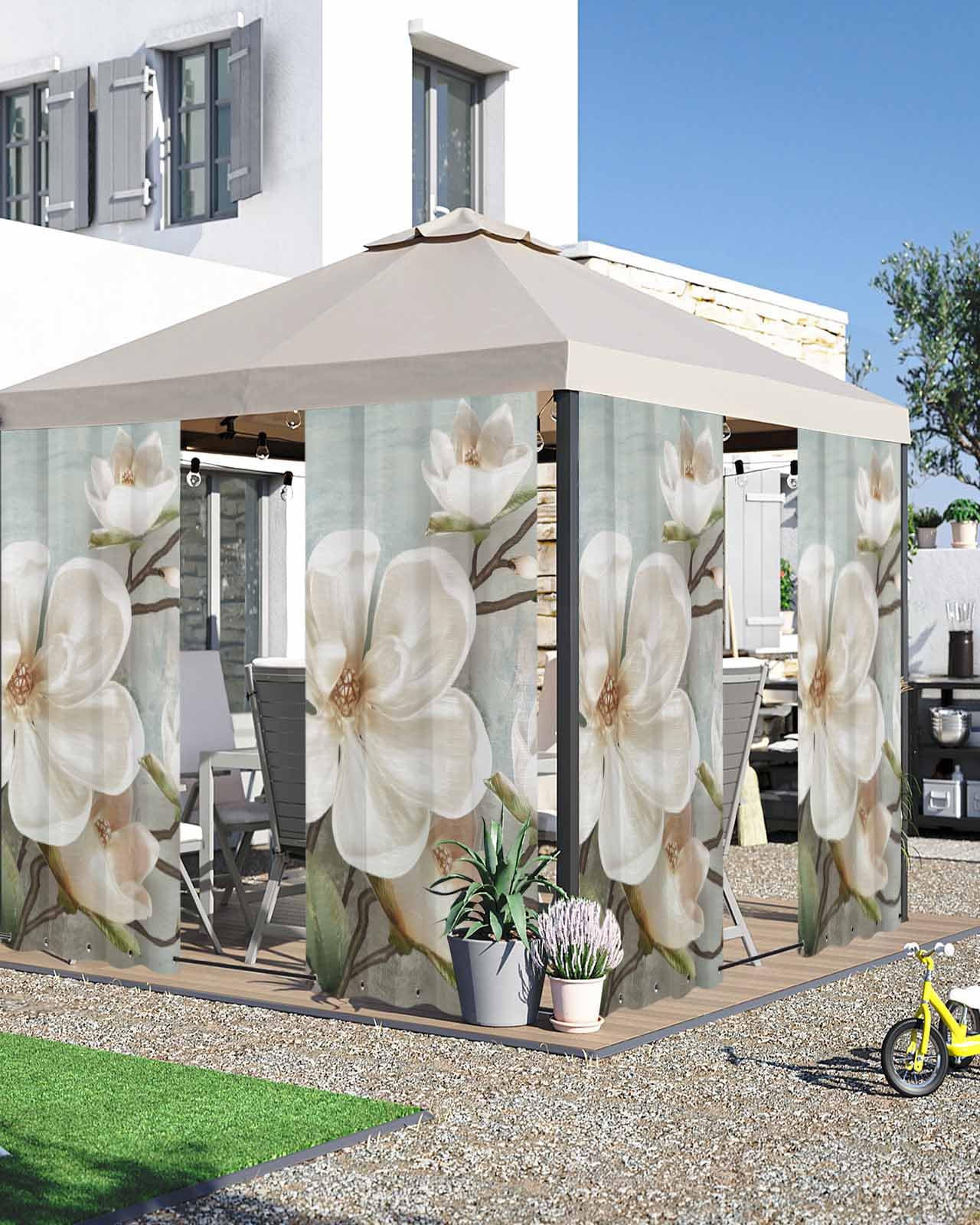 Outdoor Curtains for Patio Waterproof 84 Inches Long, Spring Floral Windproof UV Protection Screen Panels, Retro Summer White Flowers Botanical Outside Curtain for Porch, Gazebo, Deck, 54