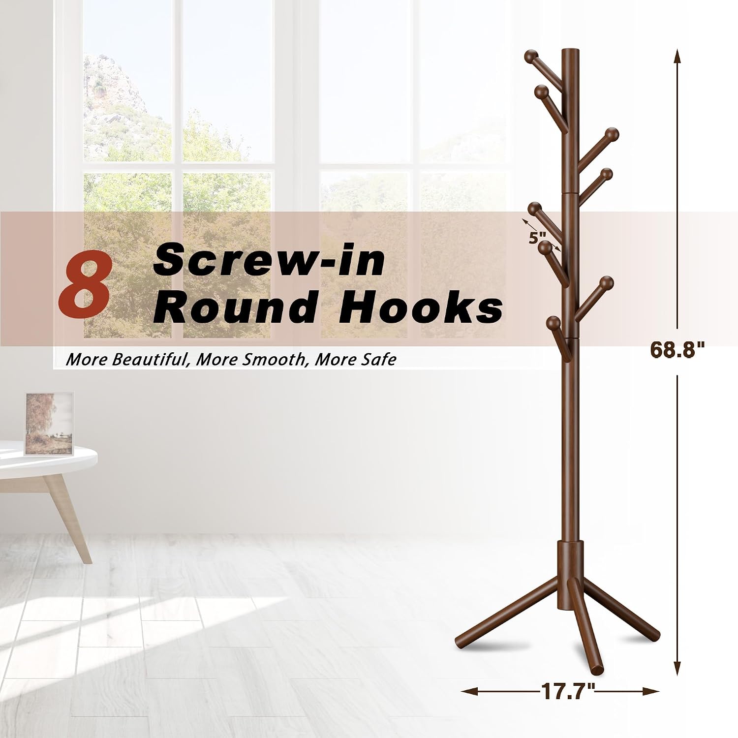 Coat Rack, Coat Racks Freestanding with 8 Hooks 3 Adjustable Heights for Clothes, Hats, Handbags, Coat Tree Easy Assembly for Entryway, Bedroom, Hallway, Office(Brown)