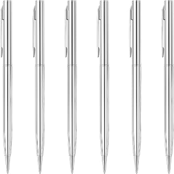 Unibene 6 Pack Silver Slim Metallic Retractable Ballpoint Pens, 1.0mm Medium Point Black Ink with 6 Stainless Steel Refills for Business Office, Gift