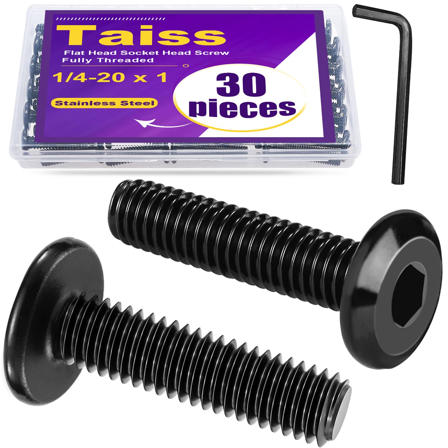 Taiss 30pcs 1/4-20 x 1 Flat Head Socket Head Screw,Furniture Bolts,Furniture Screws 304 Stainless Steel,1/4 Bolts Black Zinc Plated Fully Threaded,
