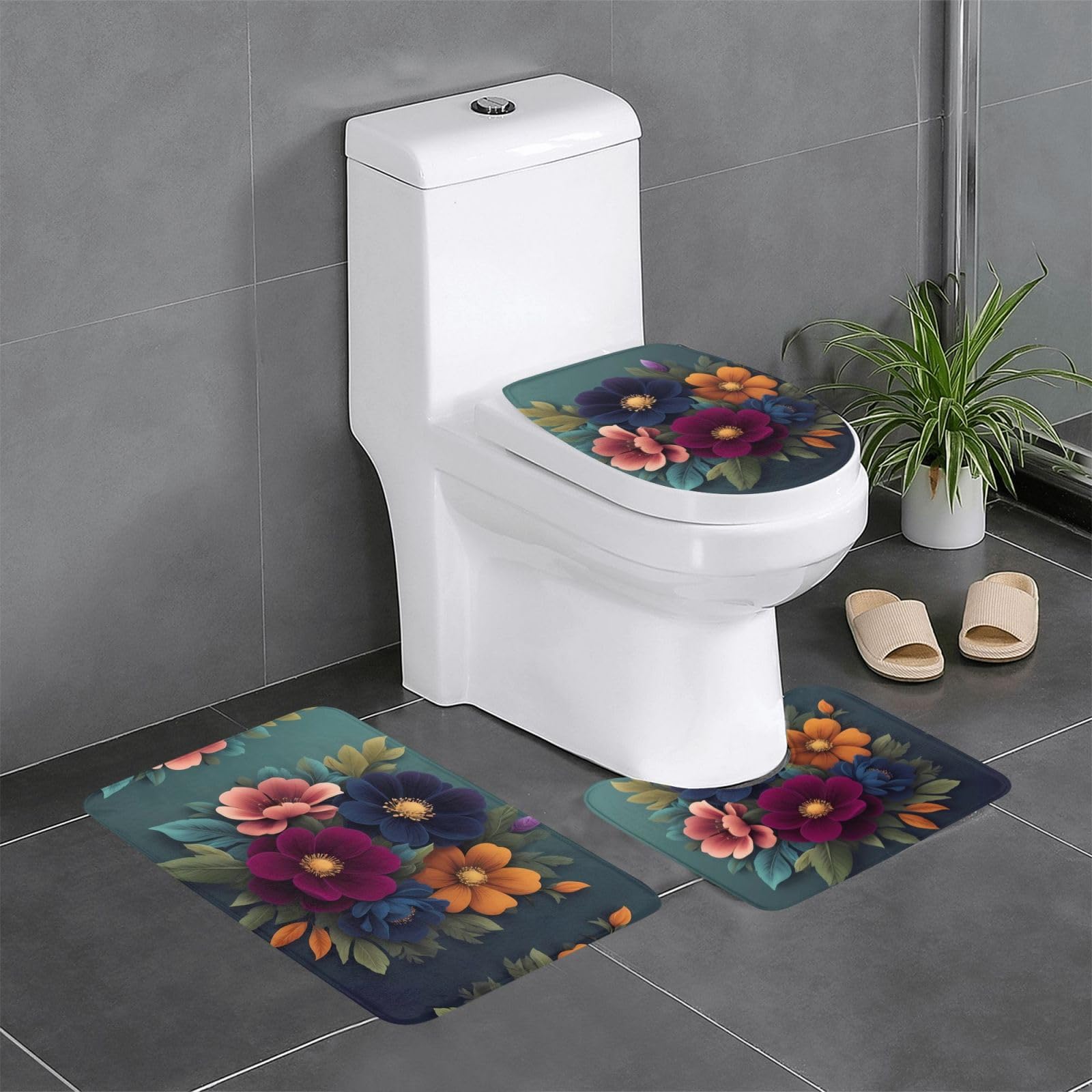 Tapis de salle de bain en velours imprimé fleurs lot de 3 tapis WC