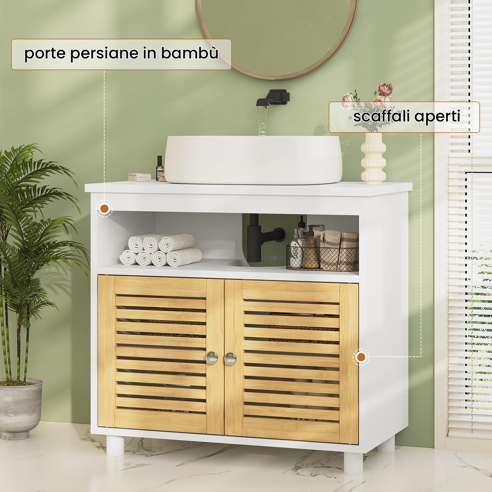 Waschbeckenunterschrank, Badschrank Unterschrank mit Doppeltüren aus Bambus, EIN offenes Fach, Badezimmerschrank, Waschtischunterschrank, 60 x 30 x 60 cm