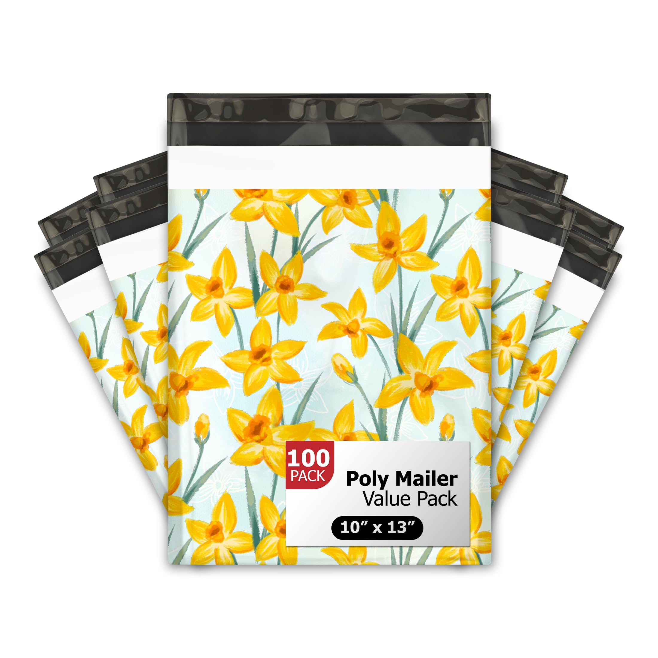 10x13 (100) Daffodil Floral Summer Designer Poly Mailers Waterproof Self Sealing Tear Resistant Polymailers Shipping Envelopes Premium Printed Bags