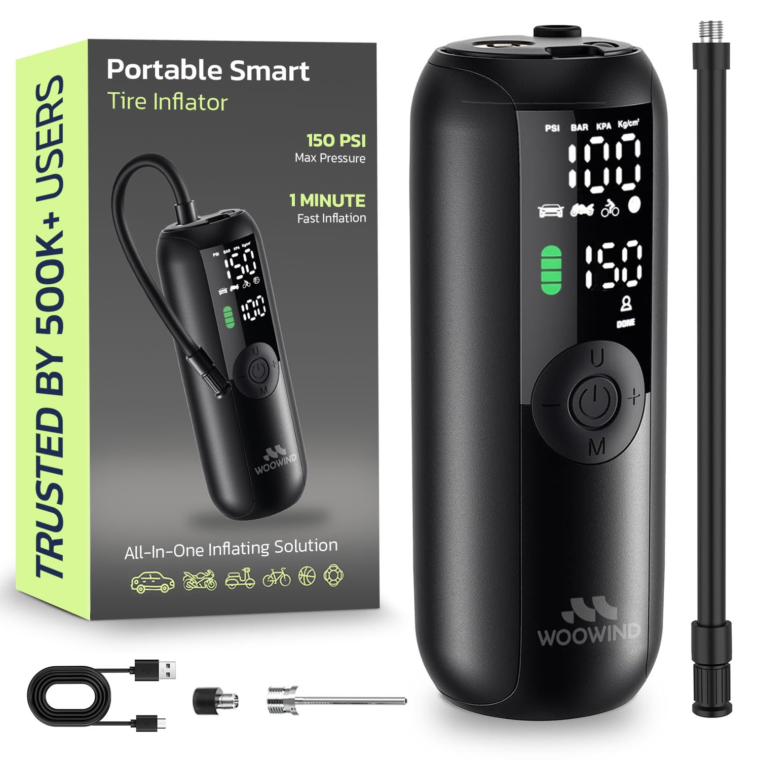 Woowind Bike Pump Portable Air Compressor for Cars &amp; Bikes, 150 PSI