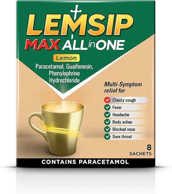 Lemsip Max All in One Cold & Flu Lemon Sachets, With Paracetamol, Pack Of 8 (Packaging May Vary)
