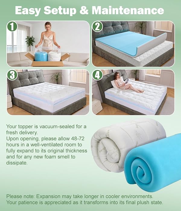 Fracho 4 Inch Full Memory Foam Mattress Topper, Dual Layer Design with 2" Bamboo Rayon Pillow Top & 2" Cooling Gel Memory Foam, CertiPUR-US Certified Medium-Firm Bed Topper for Pressure Relief by Fracho - Used condition - Image 9