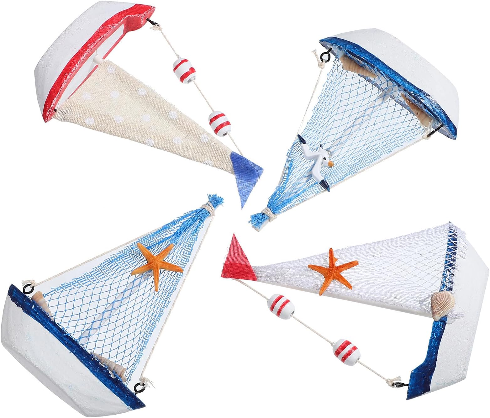 4 Pcs Miniature Wooden Sailboat Models with Beige Canvas and Pine Wood, Nautical Tabletop Decor Set Featuring Blue Mesh Marine Life, Seagull Red Flag Designs, Beach Room Craft