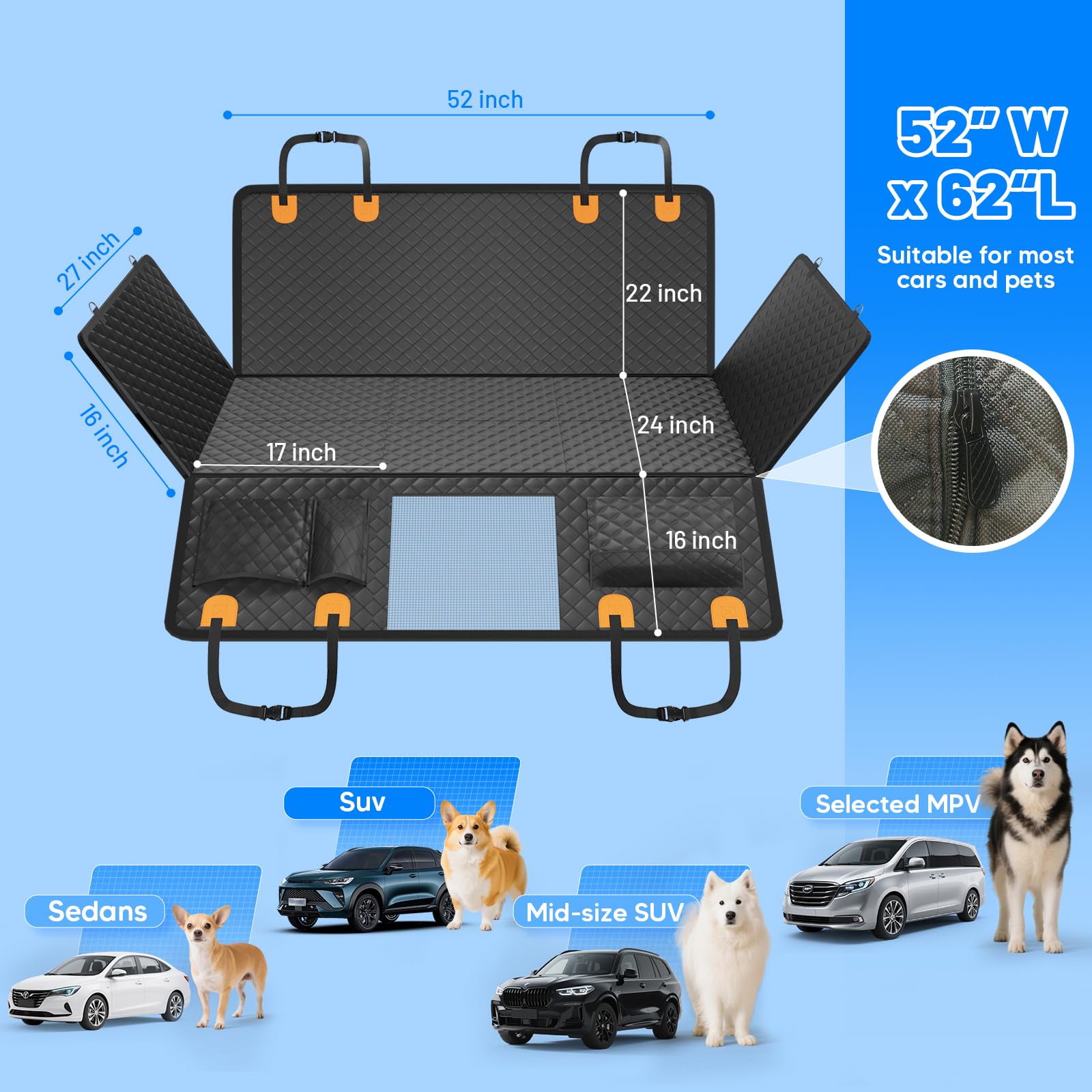 Funda Coche Perro, Impermeable, Antideslizante, Antiarañazos del dura Extensión del Asiento Asiento para Protector Coche Perros Asiento Trasero, Hamaca Viaje Mascotas para la Mayoría de Coches, SUV