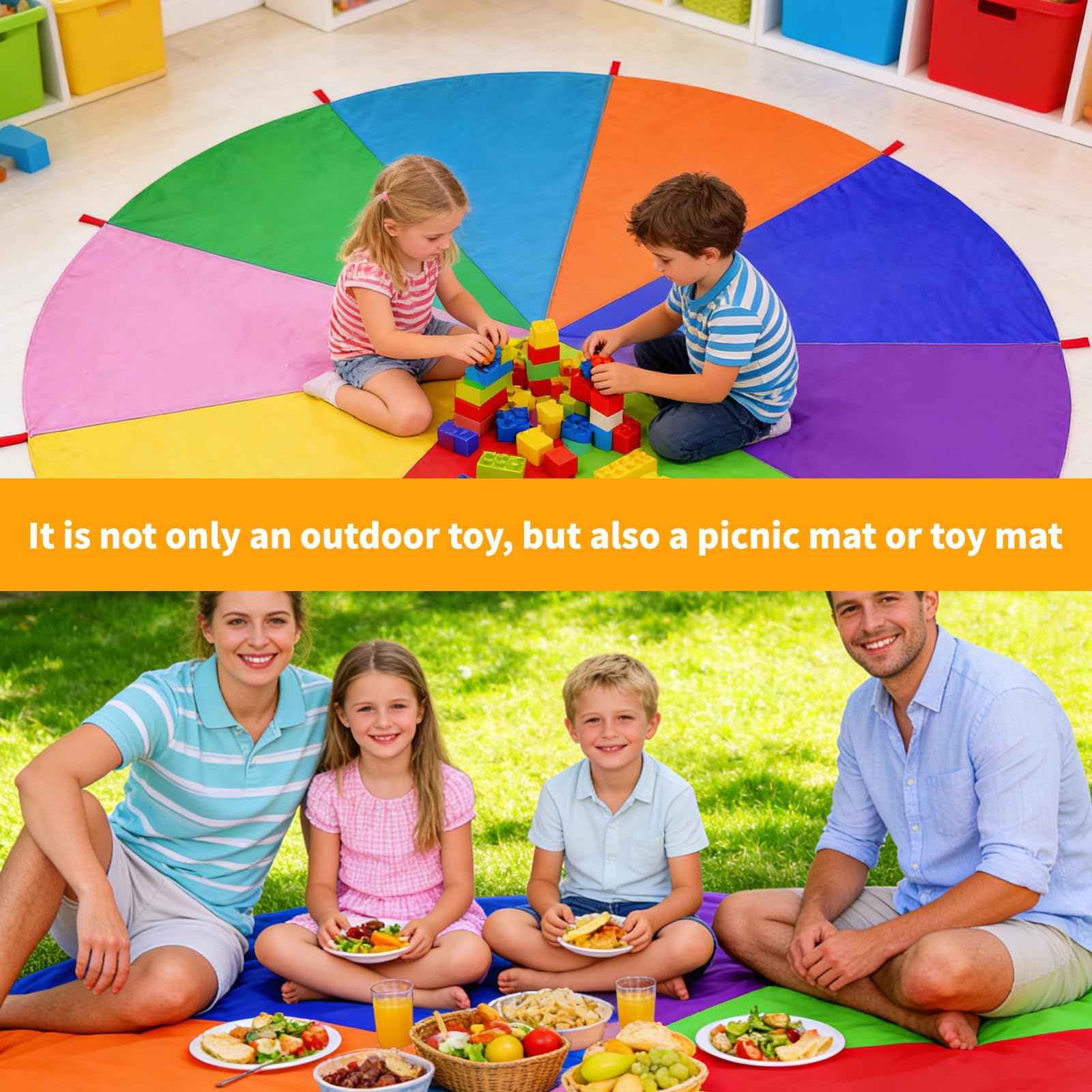 Paracadute Bambini,3,6 m Paracadute Ludico Arcobaleno con 8 Maniglie e 10 Palle,Giochi All'aperto Lezioni Di Sport E Feste Di Compleanno Per Bambini