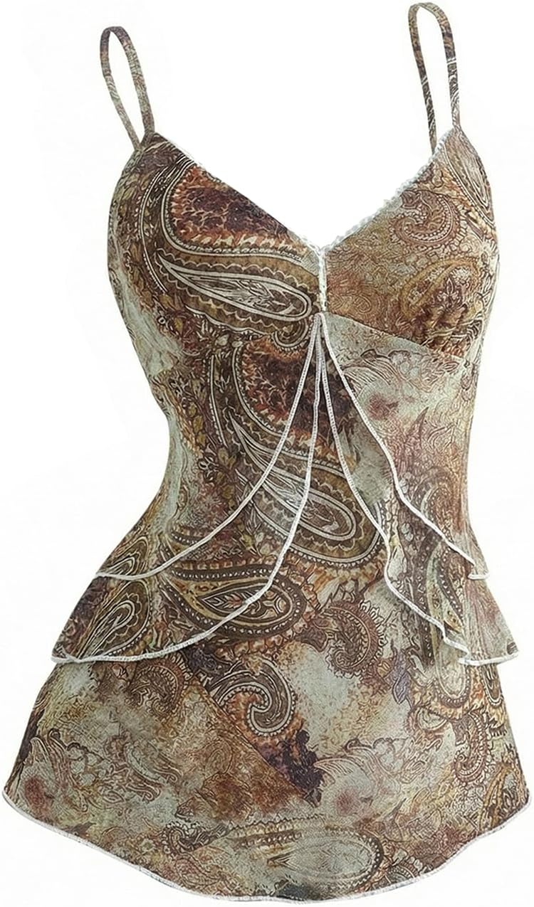 Verdusa Women's Y2k Mesh Tank Top Babydoll Floral Camisole 2000s Clothing Ruffle Going Out Tops