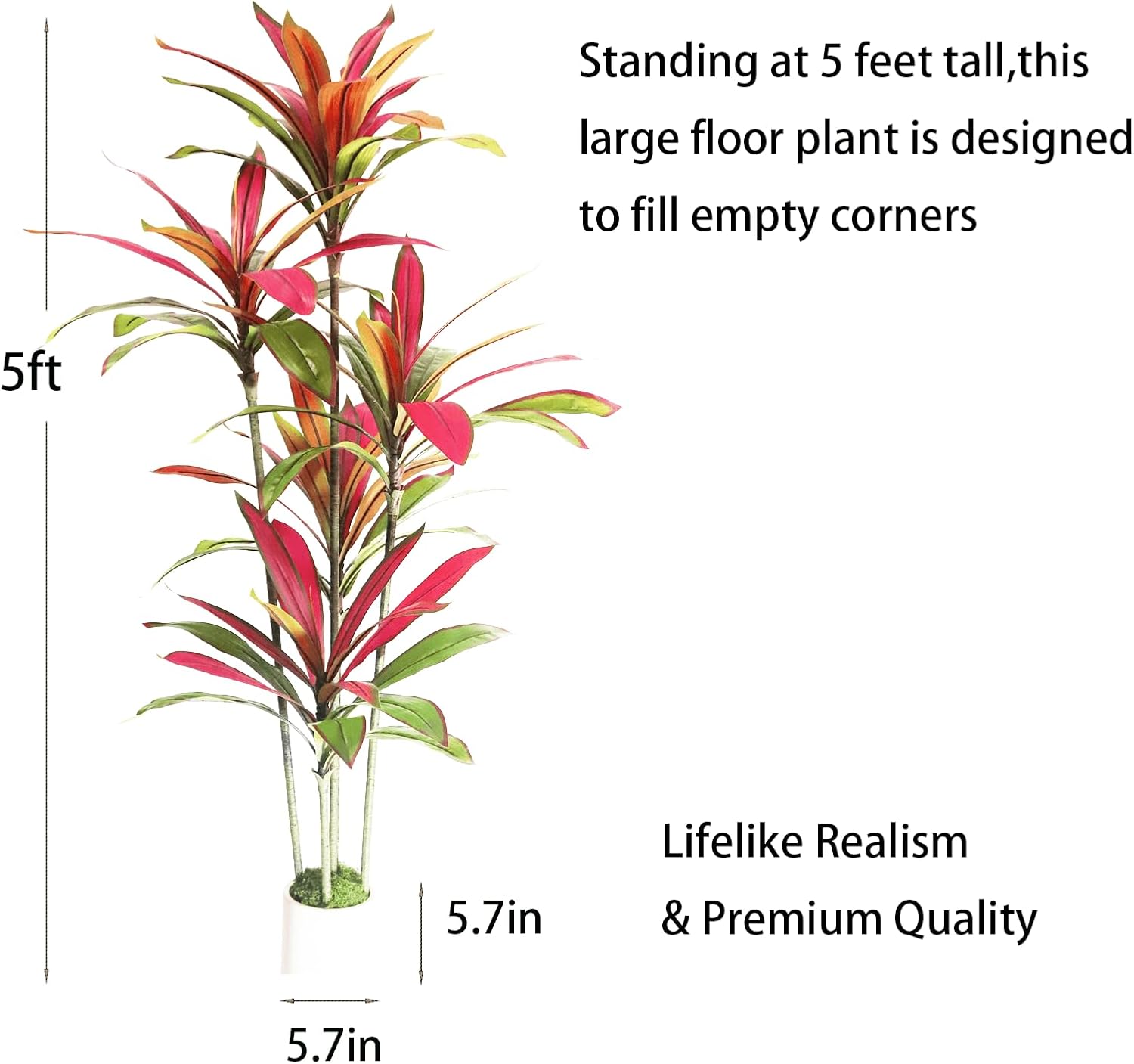 Artificial Dracaena Tree Red 5FT - Faux Trees Indoor with Natural Leaver and Resin Trunk- Large Floor Fake Trees for Living Room, Office Decor