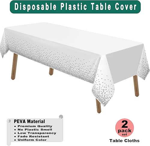 Miniatura 2 de PARTY ULYJA Manteles de plástico con confeti de lunares plateados, paquete de 2 manteles desechables de color blanco, para despedida de soltera,