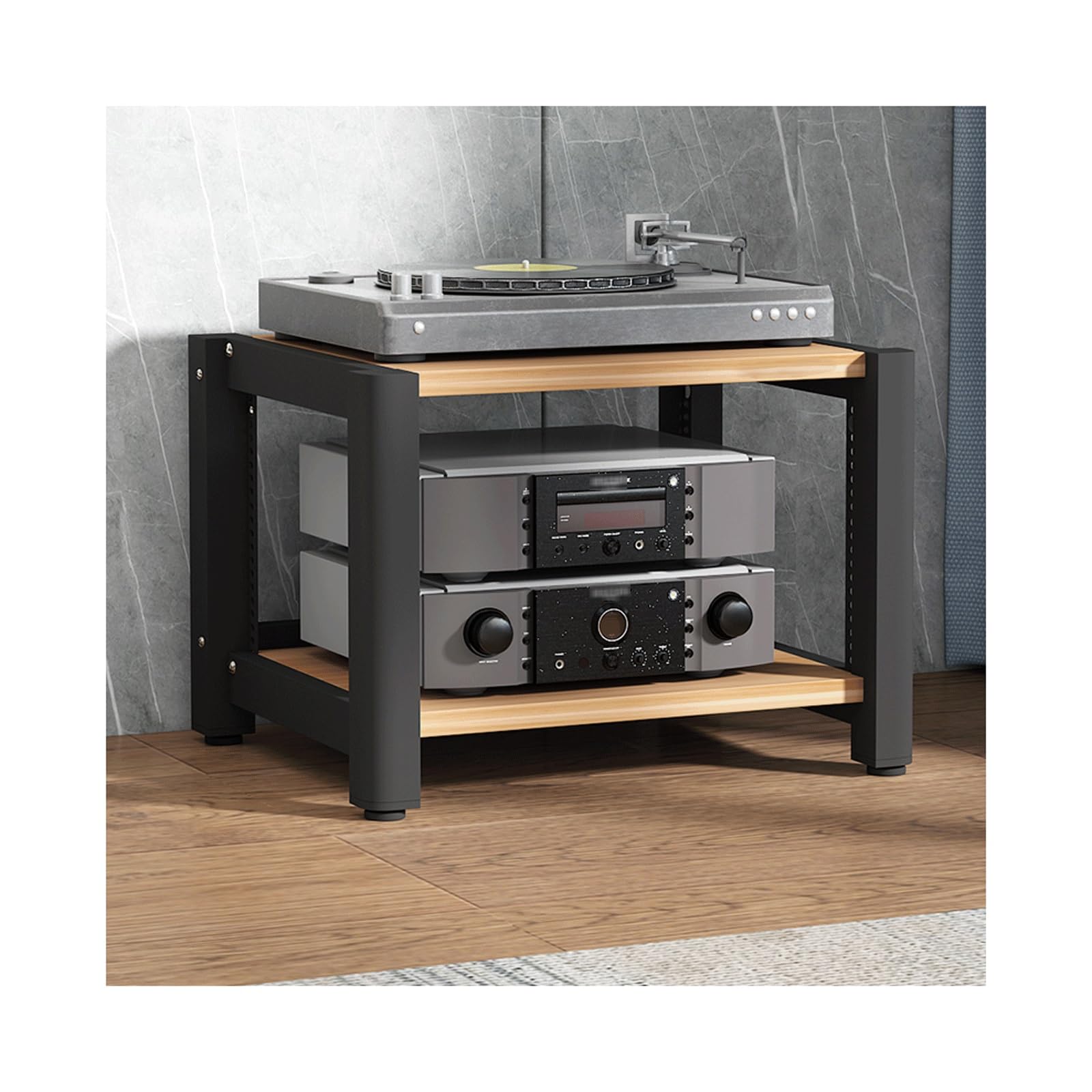 Stojak stereo Audio Tower – regulowany drewniany stojak na nośniki do odtwarzacza płyt CD/DVD/płyt - 2-poziomowa narożna półka ekspozycyjna do kina domowego (naturalne wykończenie)
