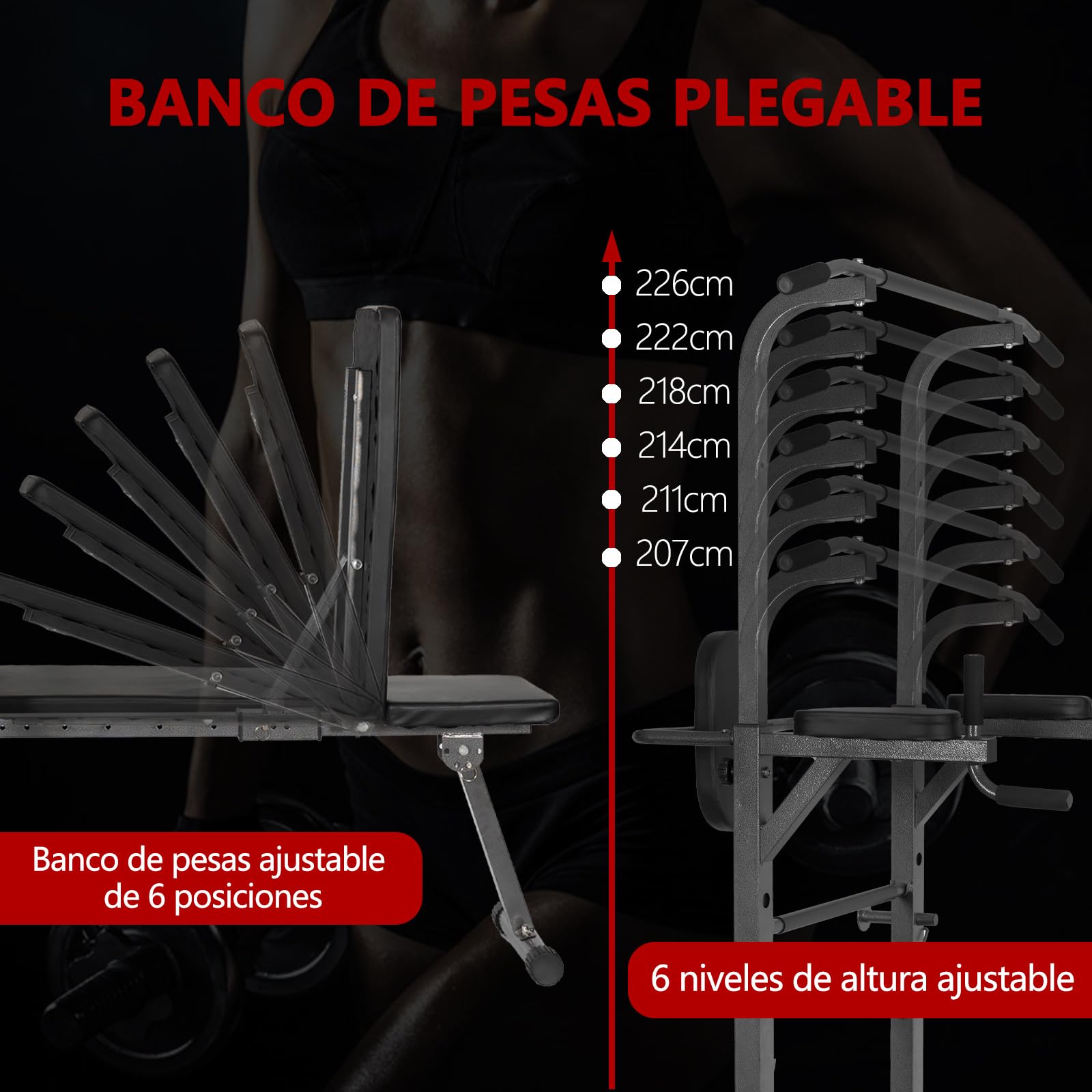 Estación de Dominadas, Maquina Dominadas Altura Ajustable, Máquina de Musculación con Banco de Pesas Plegable, Estación de Musculación para Fitness en Casa Gimnasio
