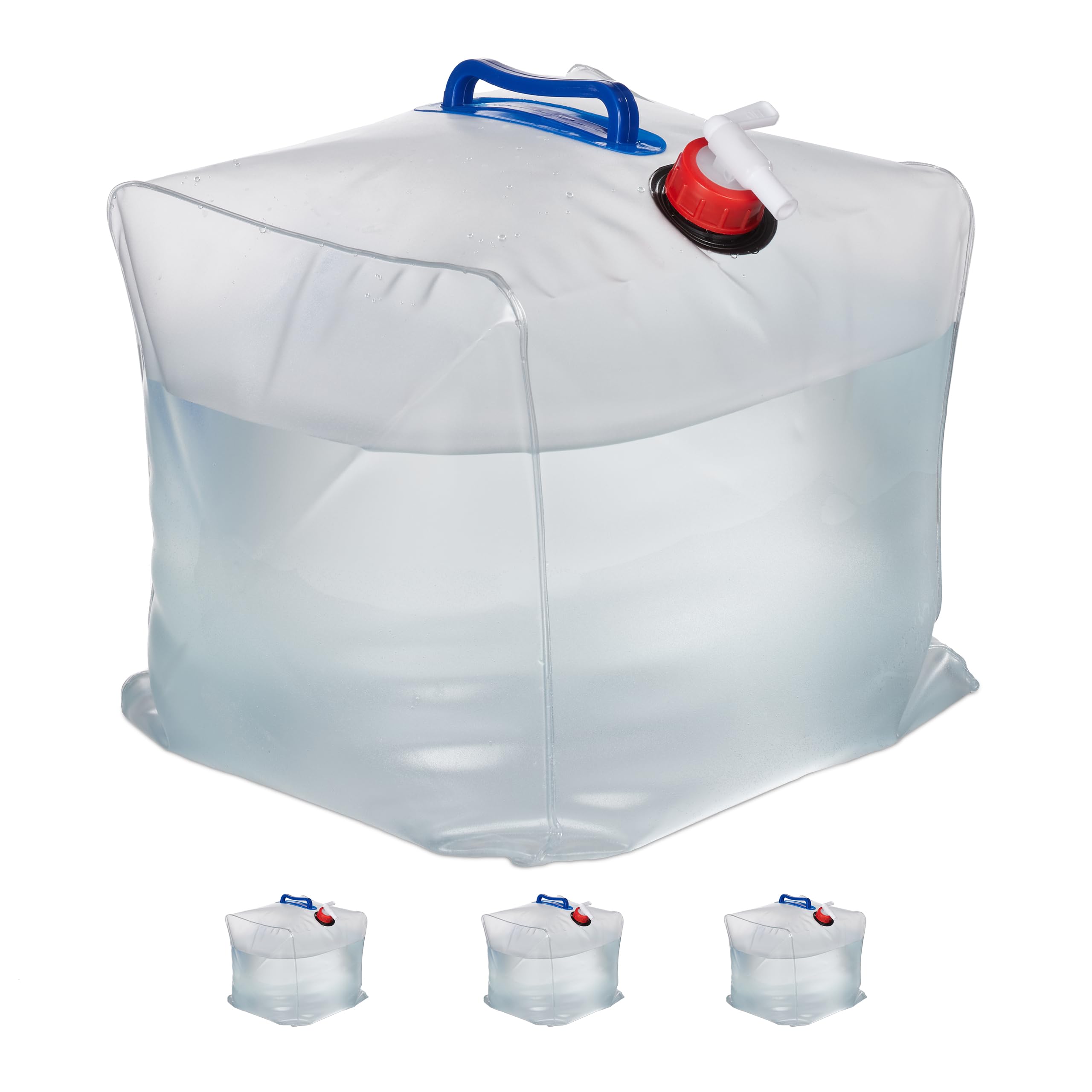 Relaxdays Kanister na wodę, zestaw 4 sztuk, 20 l, składany, kranik, uchwyty, kanister kempingowy, tworzywo sztuczne bez BPA, przezroczyste