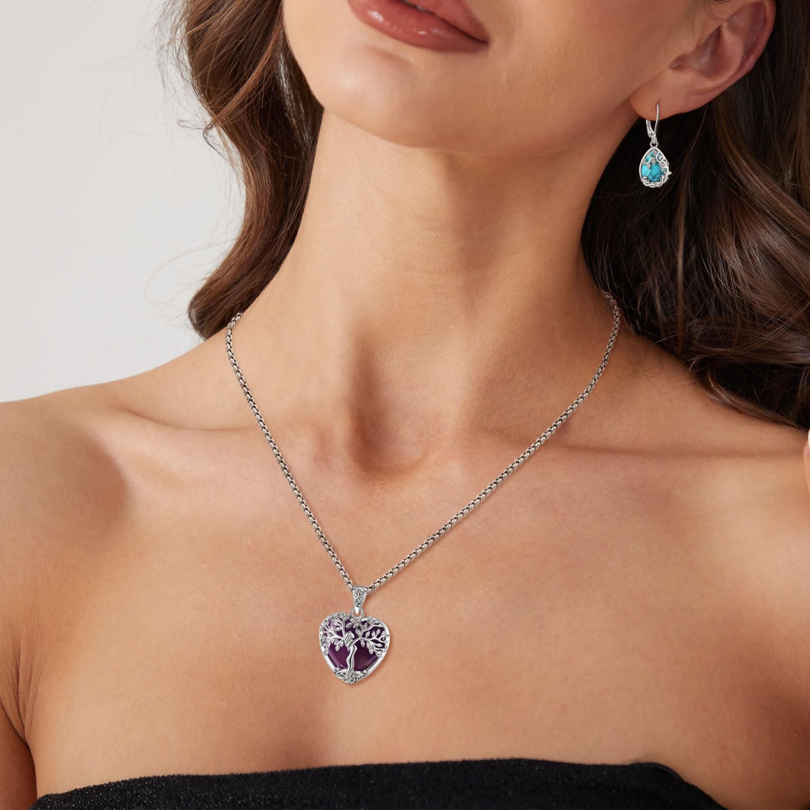 Lebensbaum Kette mit Kristall für Damen, Baum des Lebens Halskette Anhänger mit Kristall Heilsteine Amethyst Mondstein Obsidian Türkis Malachit Schmuck Geschenk für Frauen Dame