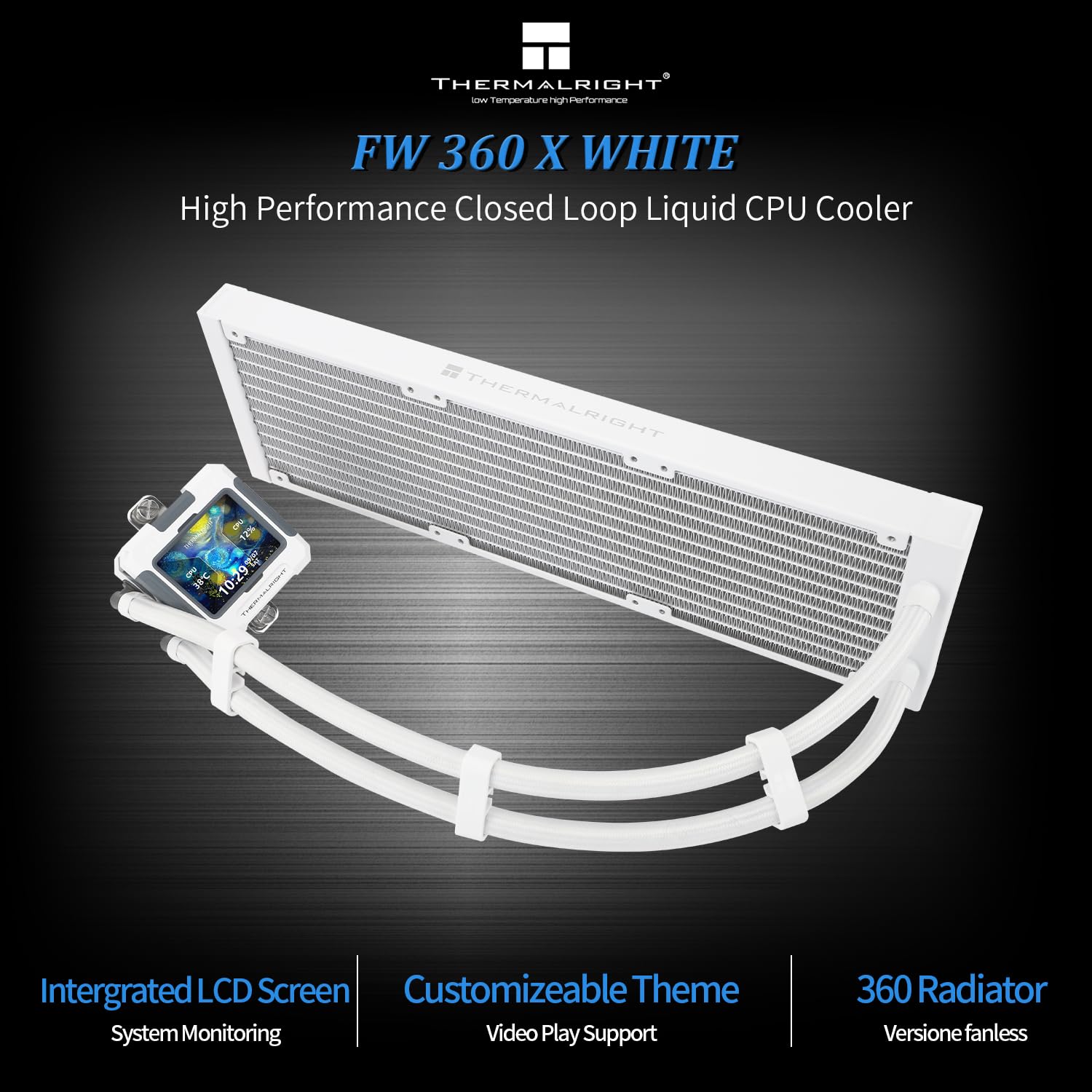Thermalright FW360 White X-360mm AIO CPU Liquid Cooler,IPS LCD Screen with 320 * 240 Resolution,for AM4/AM5/Intel LGA1700/1851,‘2.4 inch’Magnet-Absorbent LCD Screen for Images -White