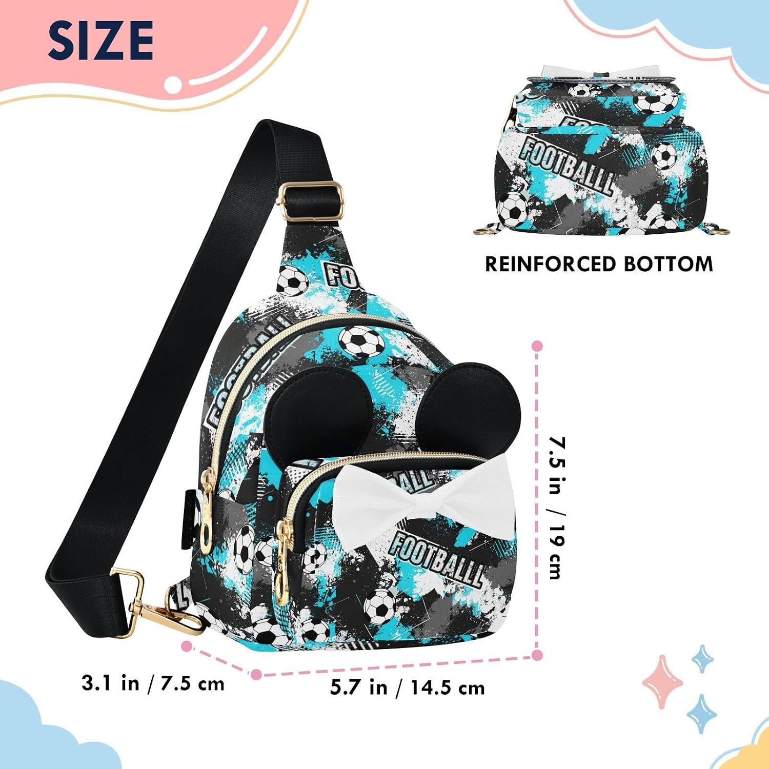 Soccer Ball Kids Sling Bag for Girls, 5.7x3.1x7.5 In | Crossbody Fanny Pack, Toddler Purse, Cute Sling Belt Bag with Ears, 2L Small Shoulder Chest Bag for Travel