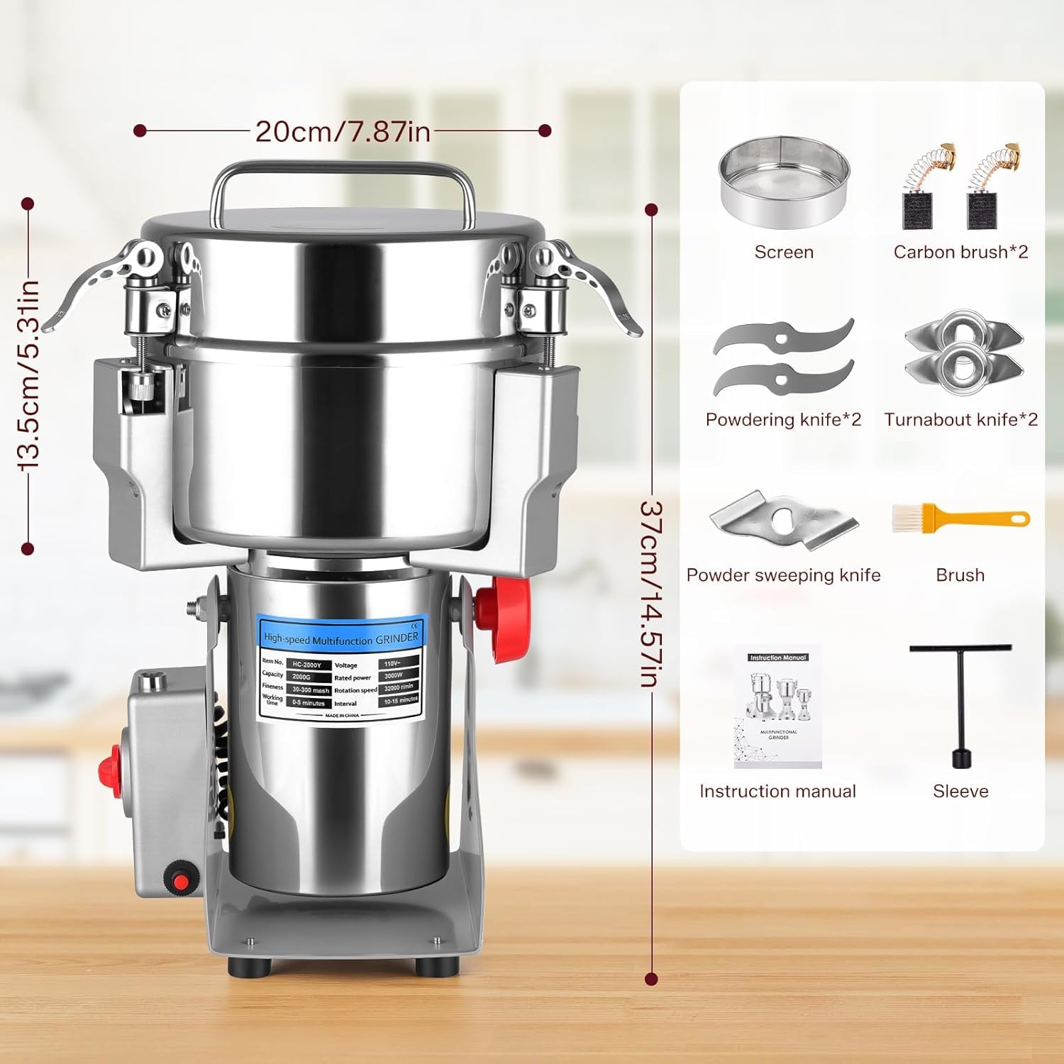 Molino De Granos con Capacidad para 2000 G, Alta Velocidad De 32000 RPM, Giro De 270°, Parada Automática Al Abrir La Tapa, Doble Sistema De Seguridad para Granos Secos, Harina, Maíz, Trigo Y