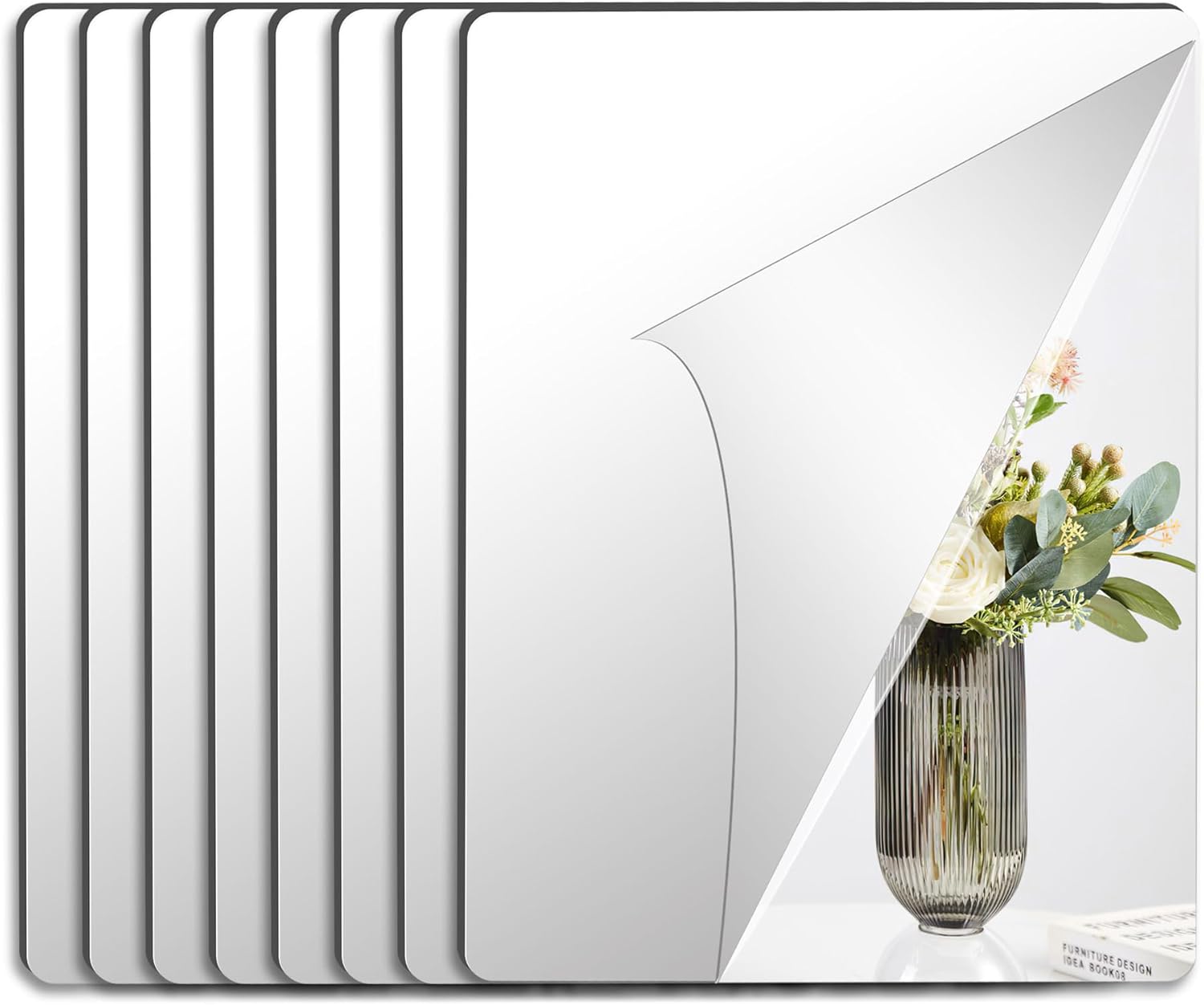 JUNEBRUSHS 8 Pack Self Adhesive Acrylic Mirror, 12x16 Inch Mirror Tiles,Flexible Sheets Wall Stickers, Frameless Small Mirror
