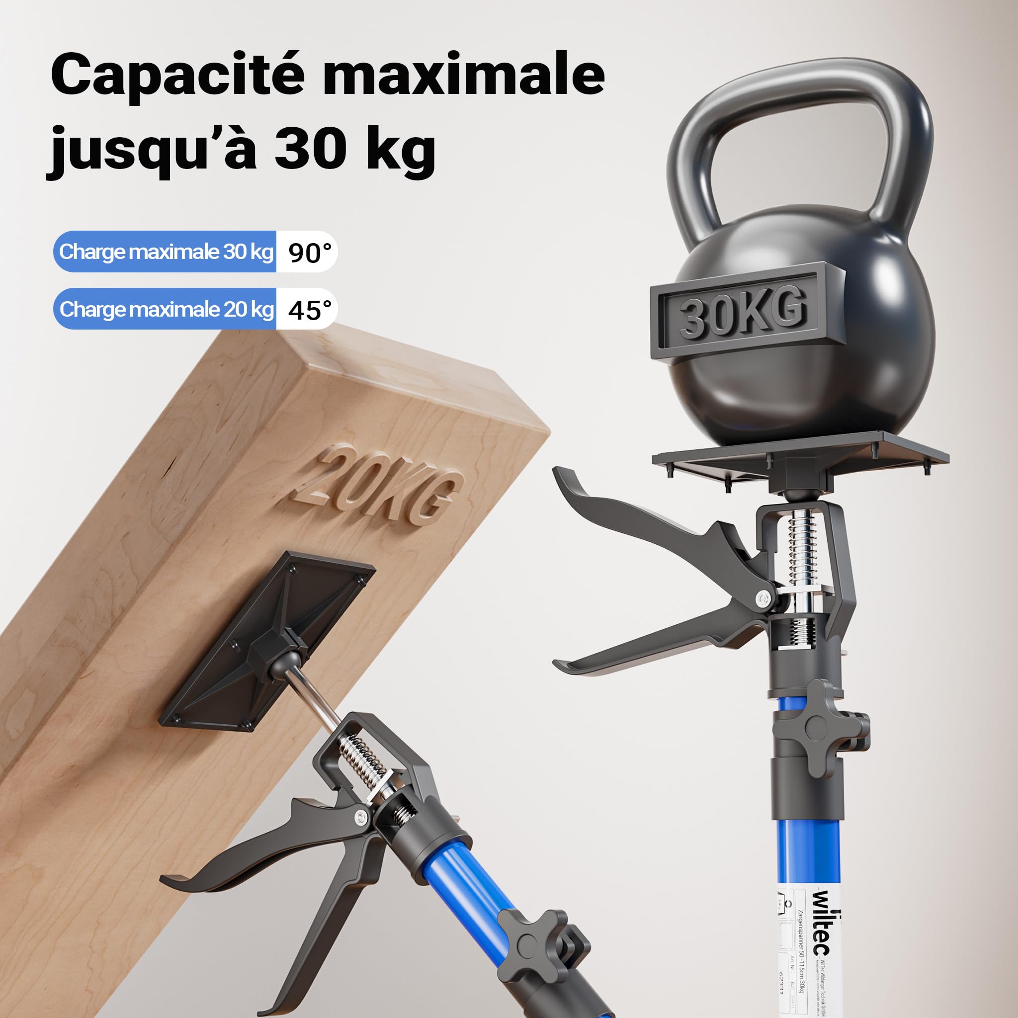 Wiltec Set 3x Étai de porte télescopique - tige 51-113,05 cm Réglage en continu/charge max. 30 kg - avec Plaques de pression inclinables - Écarteur Tendeur de pose dormant cadre
