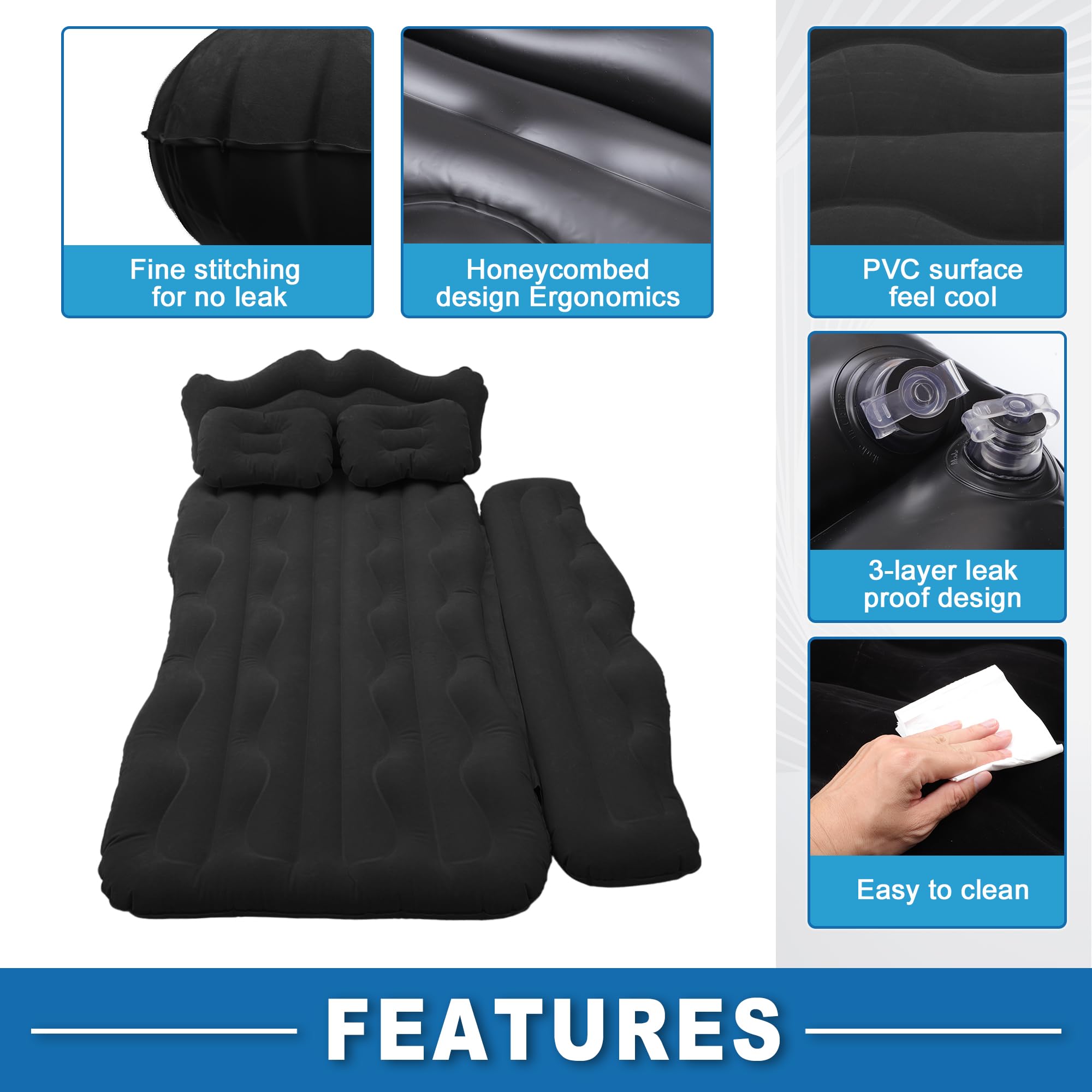 Matelas Pneumatique Pour Voiture 170x110x14 Cm - PVC Floqué, Supporte Le Roulement, Noir