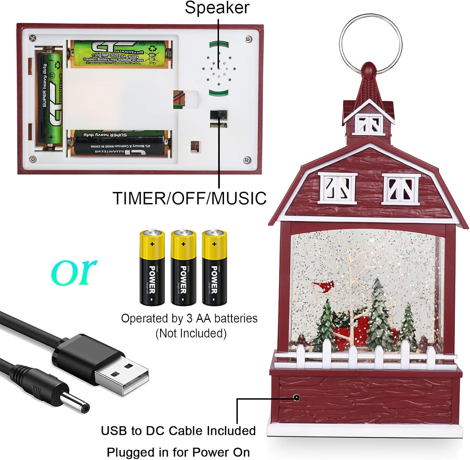 eldnacele musical snow globe lantern with timer, lighted usb/battery operated swirling singing water glittering, snow globes lamp for adults and kids christmas decoration- car 3-red car