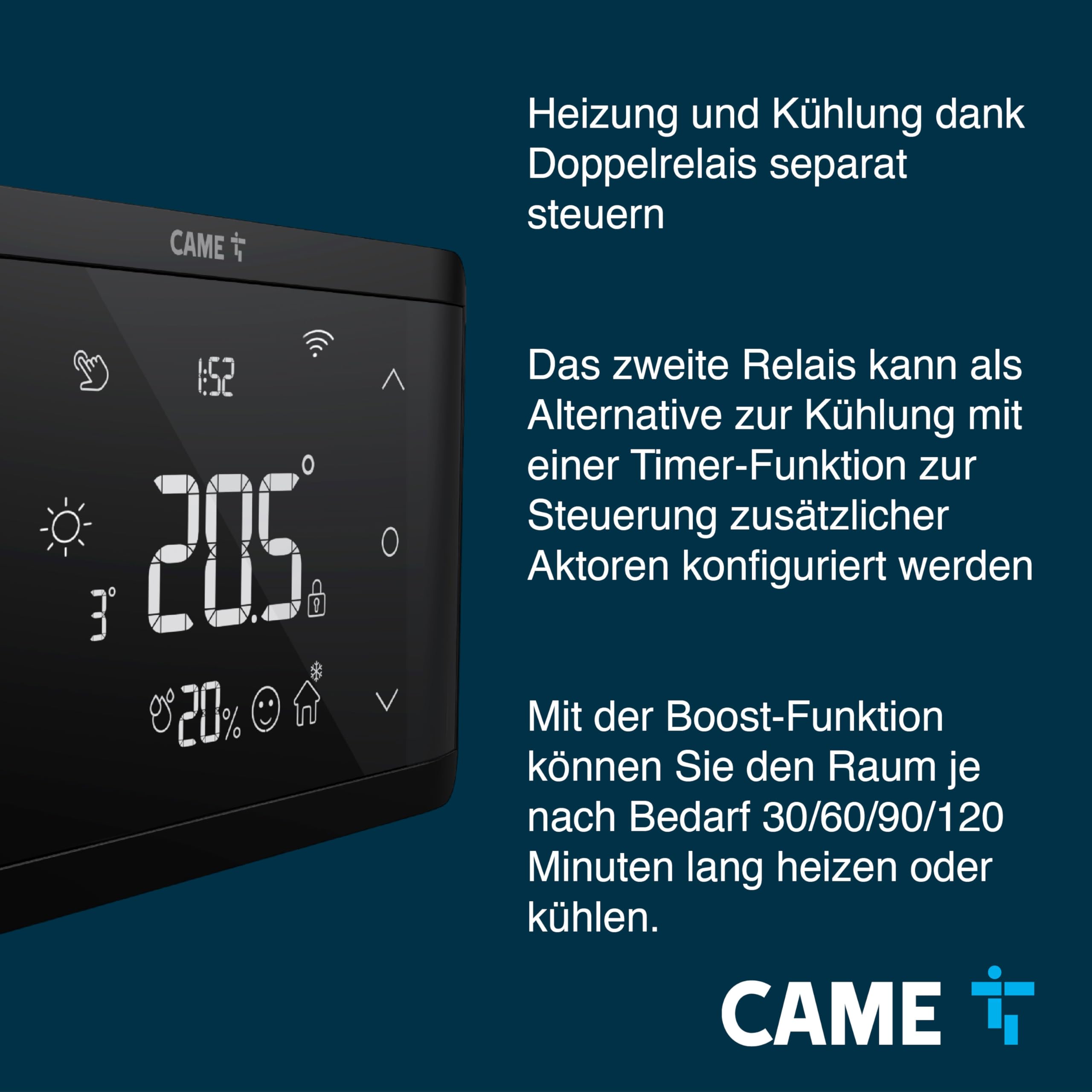 CAME Wand-Thermostat TH/750, WLAN, App und Touchscreen, Doppelrelais für Heizung und Klimatisierung, Hintergrund- und Statusbeleuchtetung, kompatibel mit Alexa und Google Home, Stromversorgung 230V