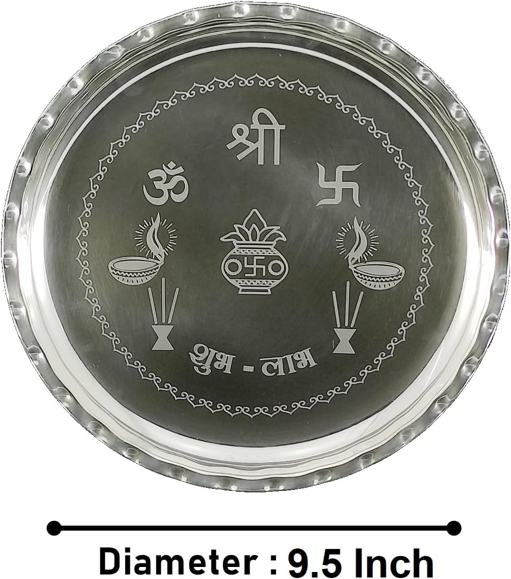 Silver Plated Pooja Thali Set 9.5 Inch with Plate Diya Haldi Kumkum Stand Panchapatra Palli Bowl Dhup Dan Ghanti Puja Thali for Home Mandir Office Diwali Wedding Return Gift Items