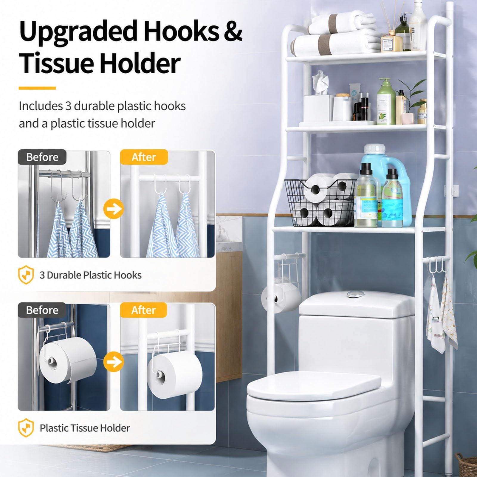 Mobile Sopra WC a 3 Ripiani, Scaffale Portaoggetti Bagno Autoportante | Organizzatore WC Salvaspazio per Piccoli Bagni, Mensola Sopra Toilette per Asciugamani(White)