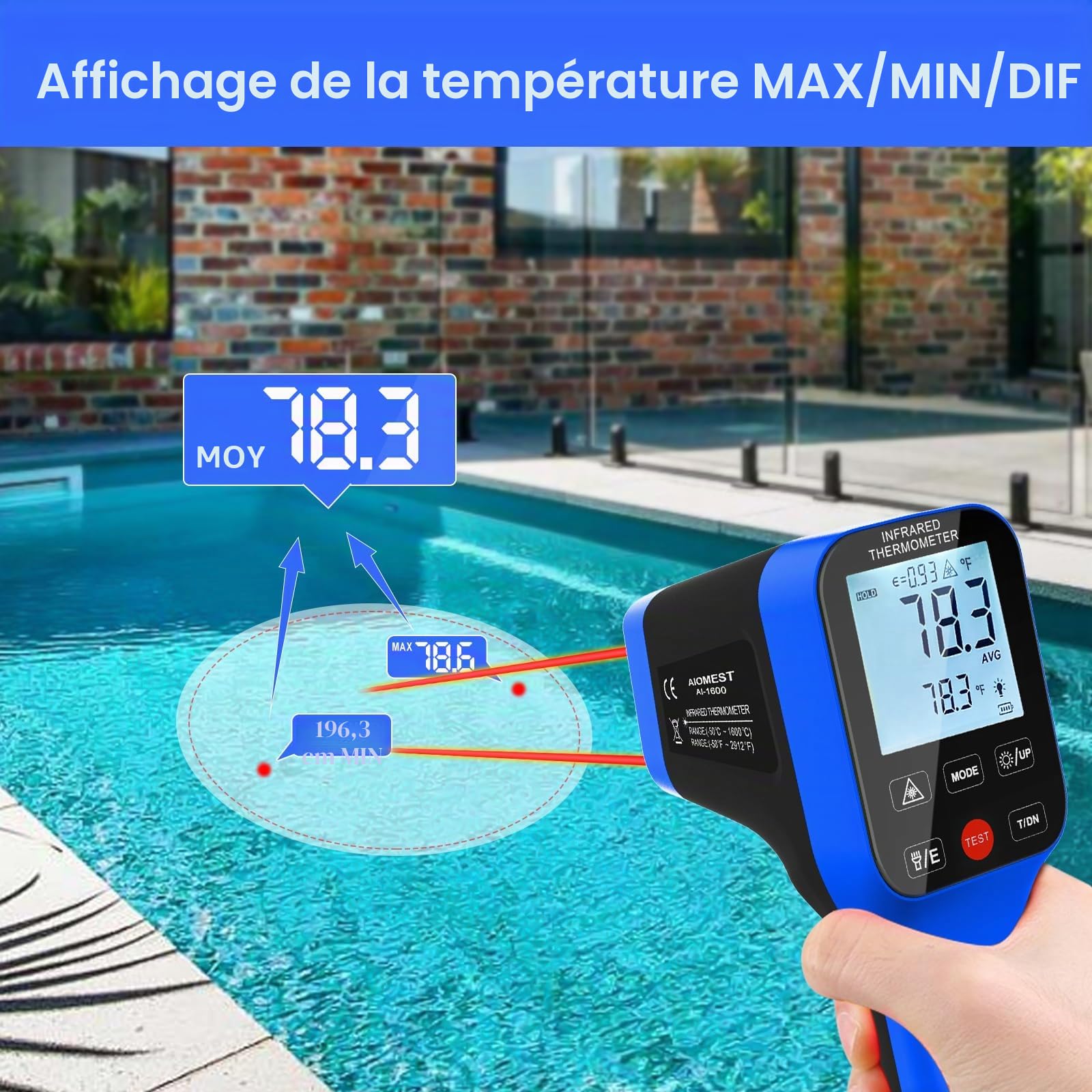 AIOMEST Thermomètre Infrarouge -50℃~1600℃ Haute Température Pistolet D:S=30:1 Double Laser Industriel IR Température Touches Tactiles, Rechargeable Thermometer