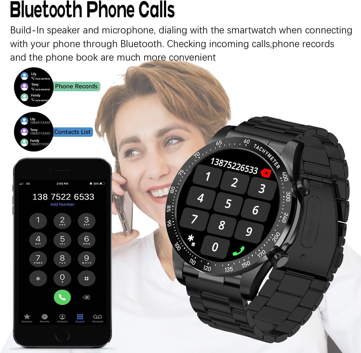 Men's Smartwatch 1.43 AMOLED HD Screen Bluetooth Calling Activity Tracker Heart Rate Monitor IP68 Waterproof Compatible Android and iOS, Sports and Fitness Watch (Present Silicone Band) (Full Black)