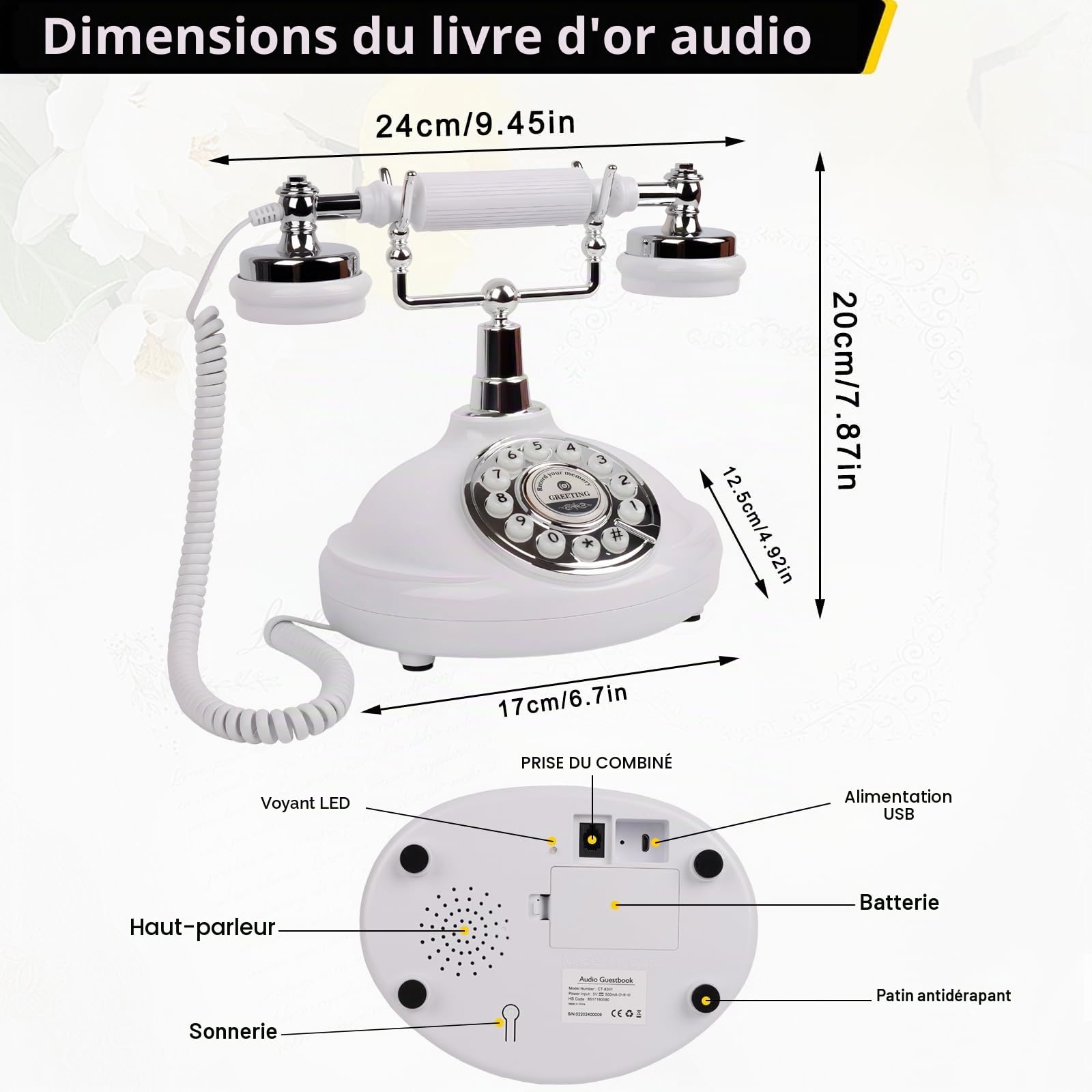Livre d'or audio pour téléphone de mariage, enregistrez un message audio personnalisé avec le livre d'or audio pour téléphone rétro pour mariage, anniversaire, fête, confession (Téléphone Blanc)