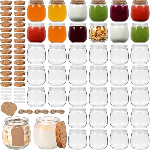 Miniatura 1 de STARSIDE Paquete de 40 tarros de yogur de vidrio de 7 onzas con tapas de corcho y tapas de polietileno, tarros pequeños de velas de vidrio, tarros