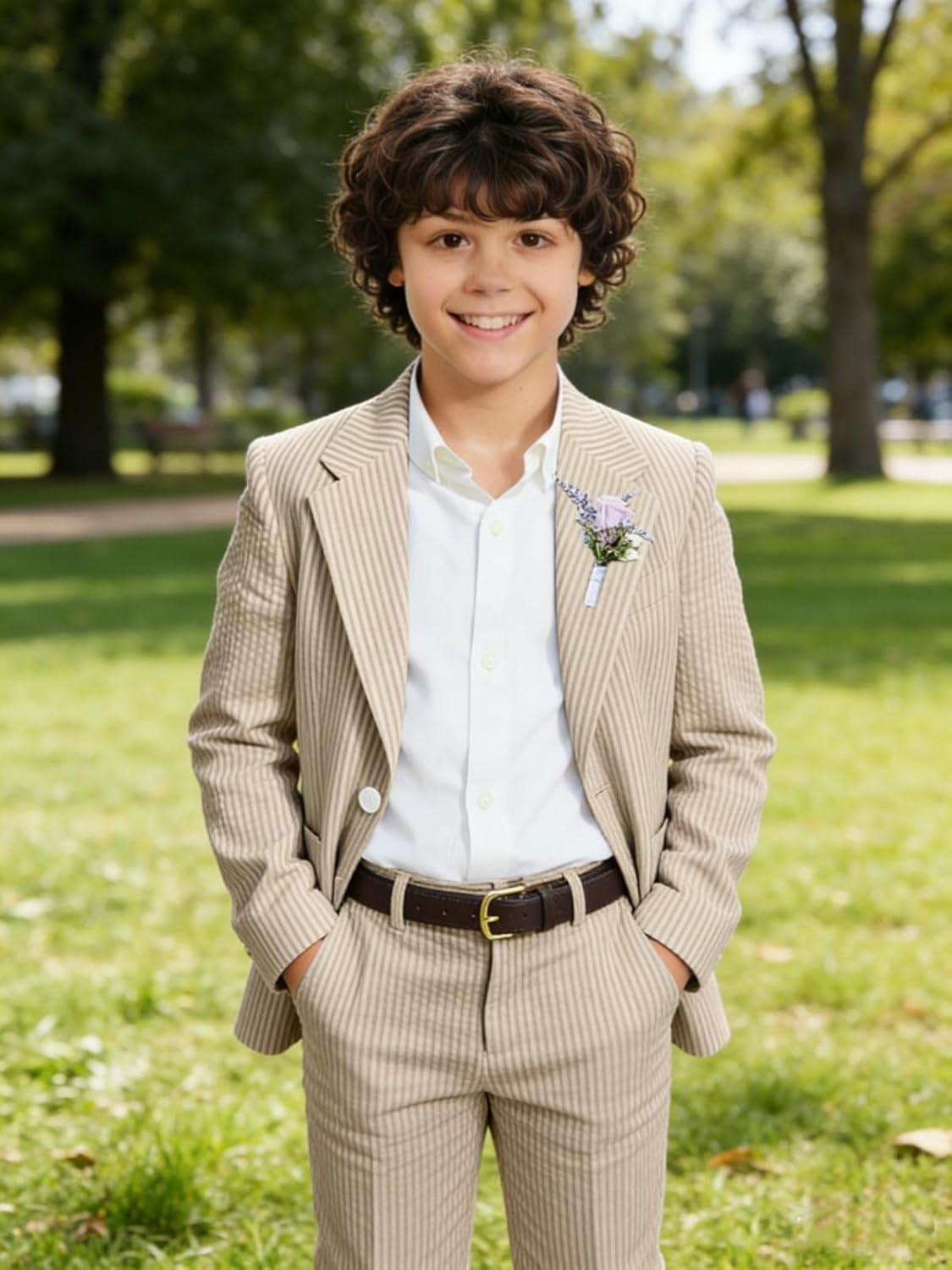 Boys Seersucker Suit 2 Piece Slim Fit Summer Beach Wedding Outfit Kids Blazer Jacket Dressing Pants Suits for Toddler Teenage - Image 8