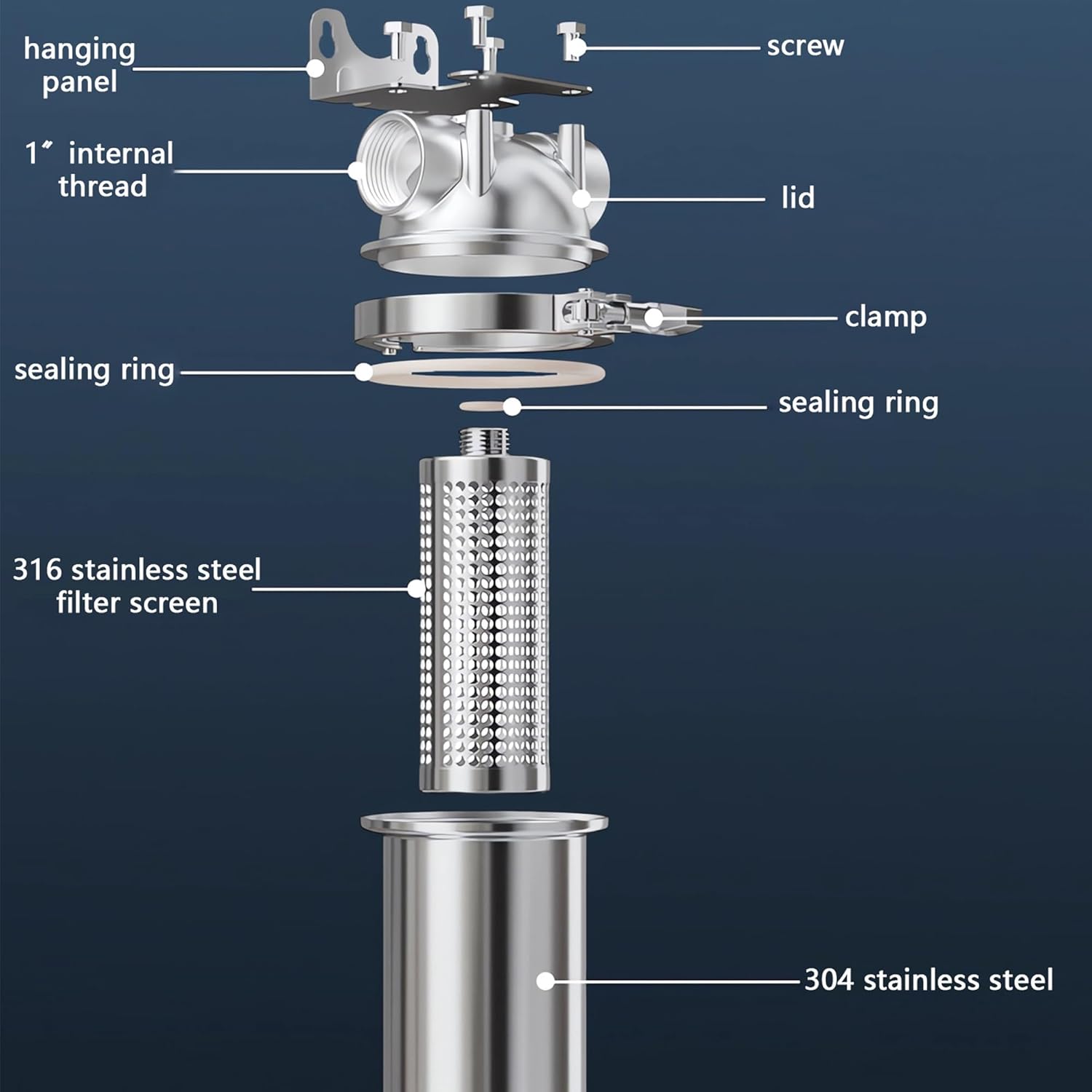 Front Filter Flow Water Purification Equitment 10inch Filter 304 Stainless Steel Housing with Clamp 1 inch Internal Thread 10000L/h