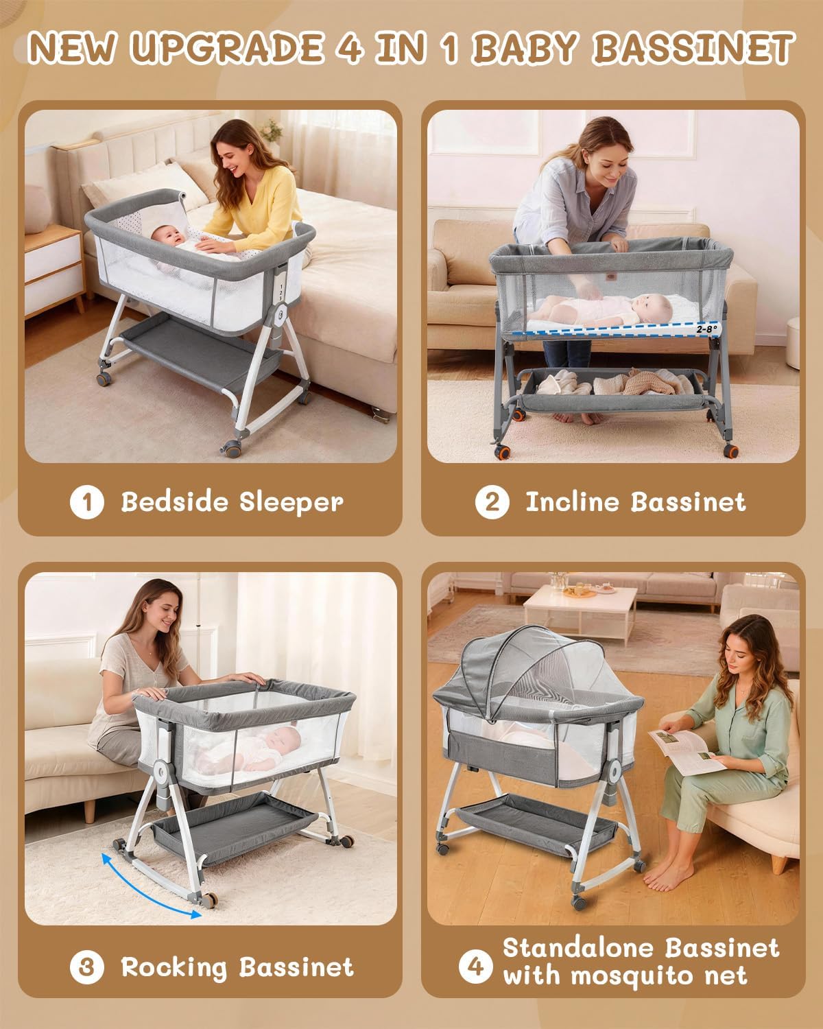 Baby Bassinet Bedside Sleeper, 4-in-1 Baby Bassinet with Wheels, 6-Height Adiustable Crib with Breathable Mesh foiNewborns & Infants(Gray)