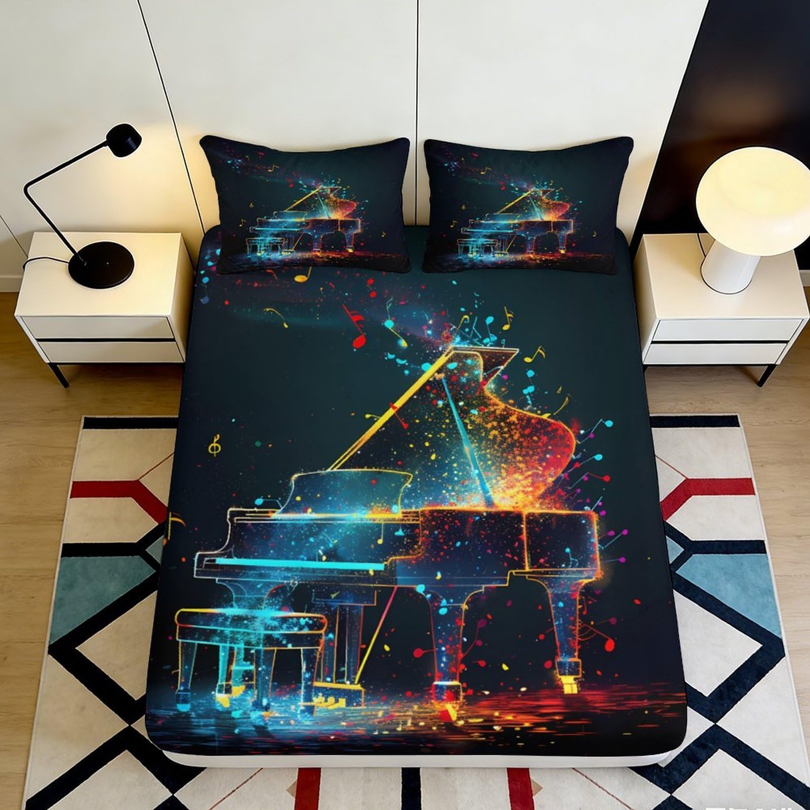 Uynsixtme Style-2 3D Printed Piano Design Fitted Sheet Microfiber Deep Pocket For Bedroom Bedding Piano Mattress Fitted Cover Non-Slip 90X200x25cm