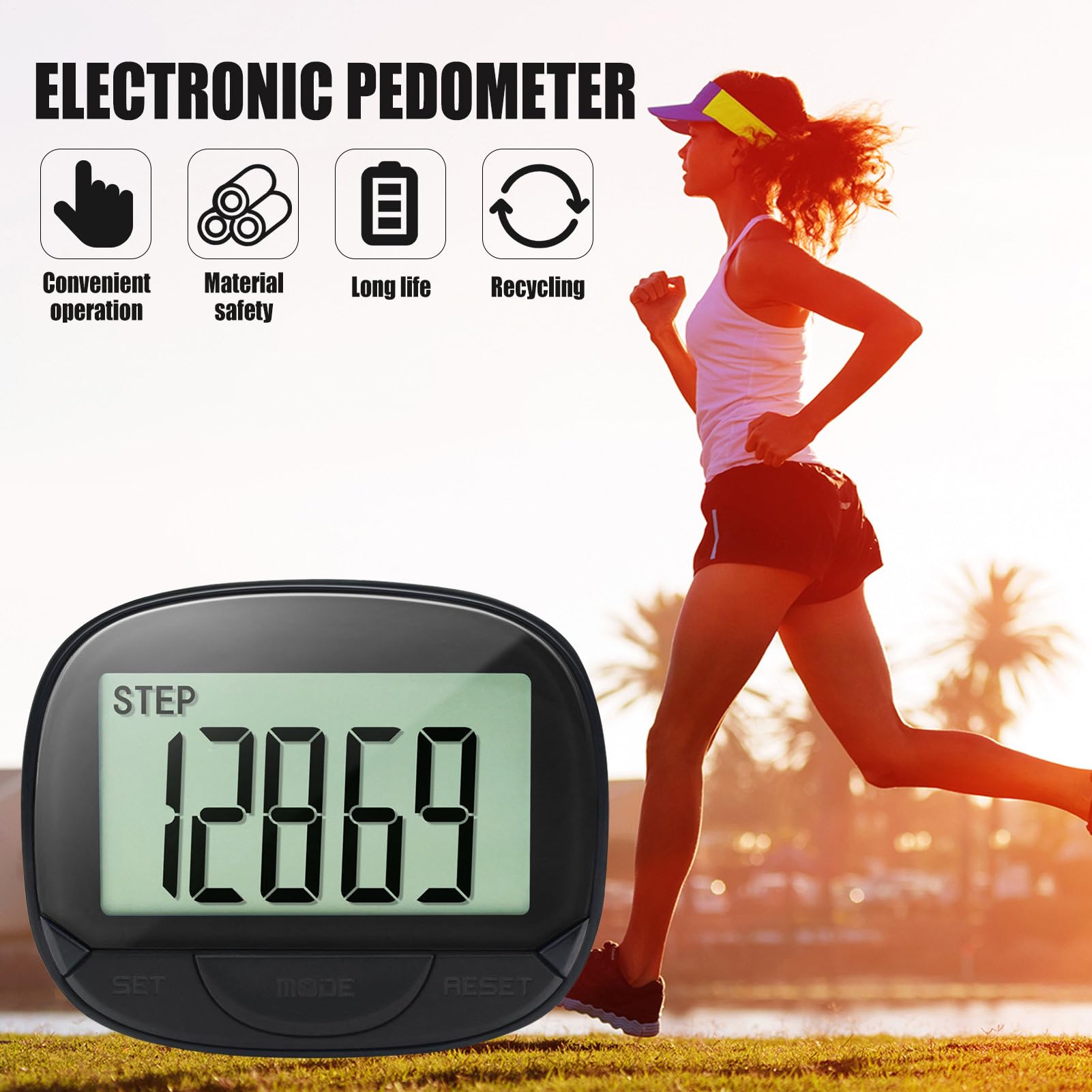 Podomètre numérique | Podomètres pour pas et kilomètres – Grand écran de 55 mm avec horloge, compteur de pas précis, distance de marche, calories