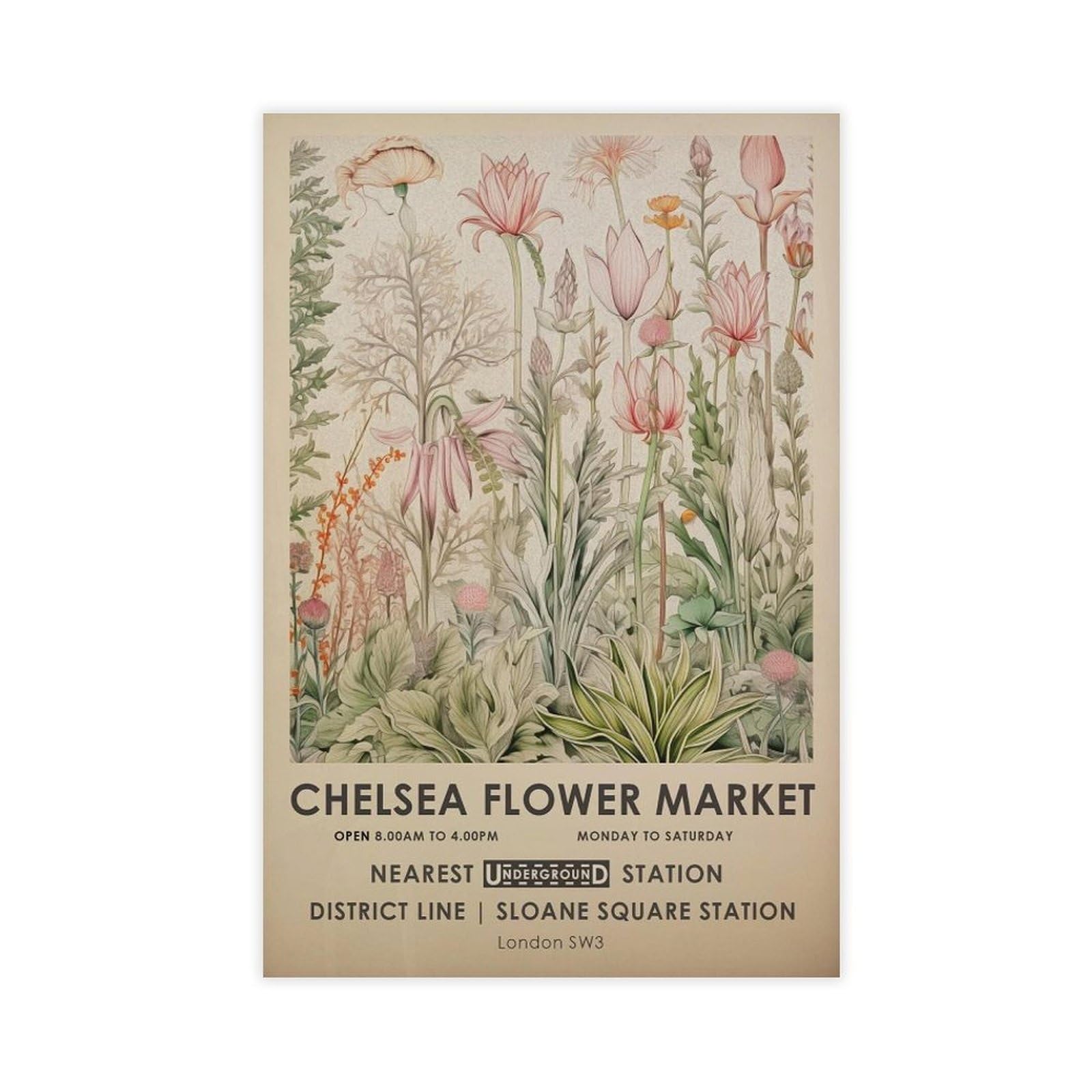 Vintage Chelsea Flower Market, Pink Flower Market Canvas Poster Bedroom Decor Landscape Office Room Decor Gift 08x12inch(20x30cm)